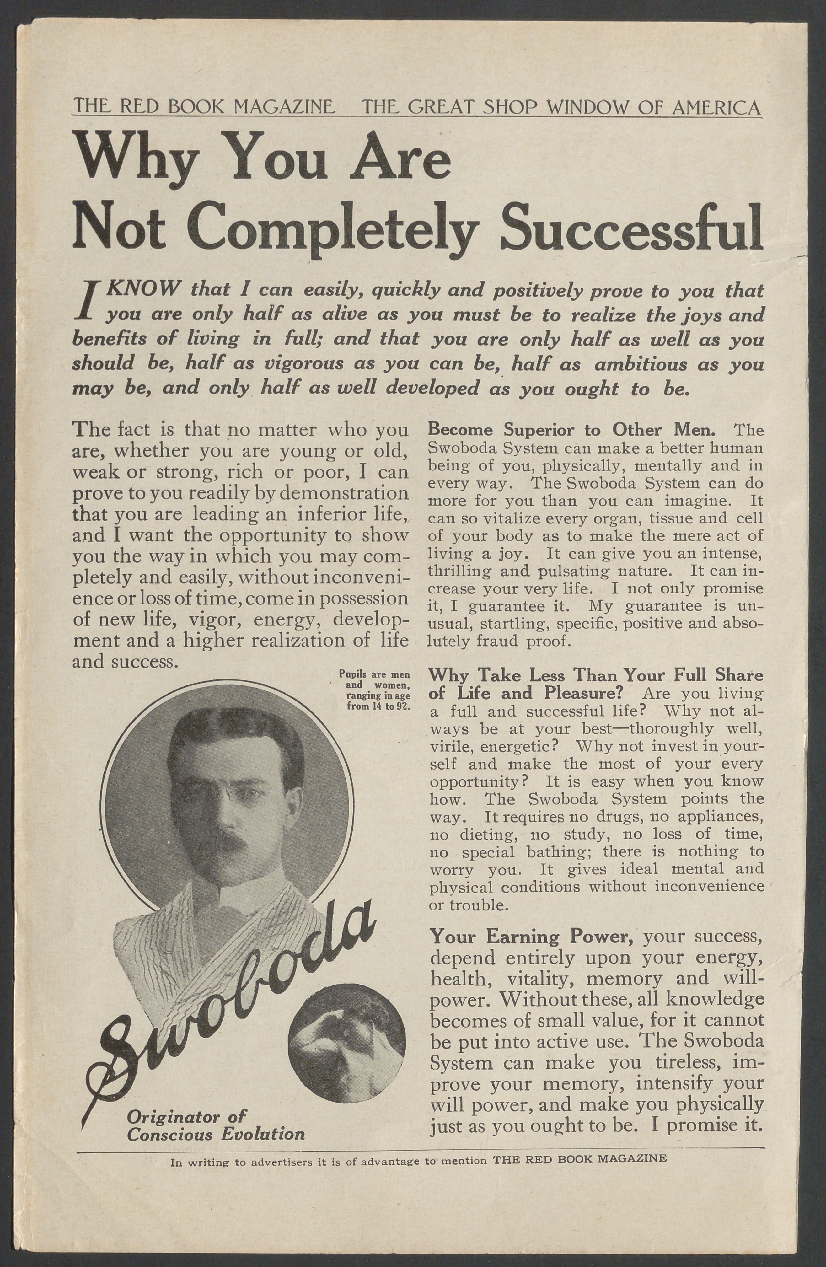 Advertisement for the "Swoboda System". Mostly text, with some portrait images.