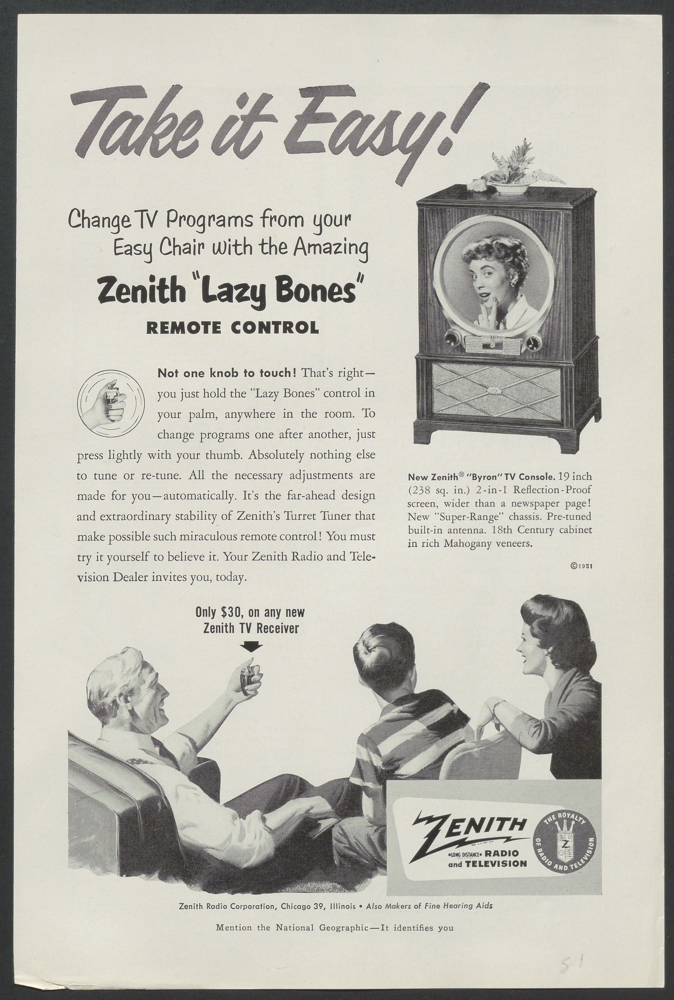 Adfor Zenith "Lazy Bones" remote control system. Illustrations of the product in use and text.