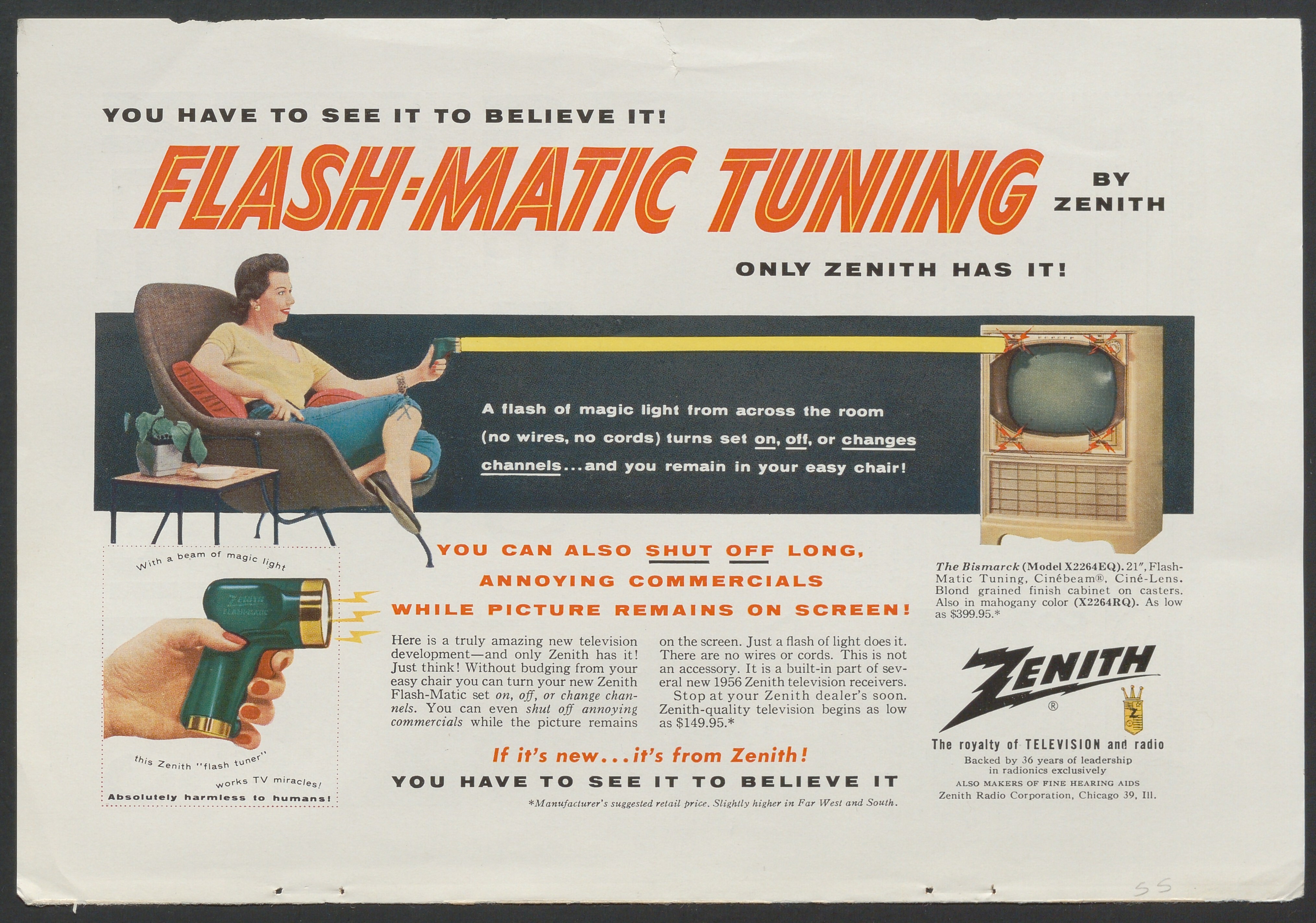 Advertisement showing color images of a woman using 1956 Zenith television remote, with ad copy and a close up image of the remote.