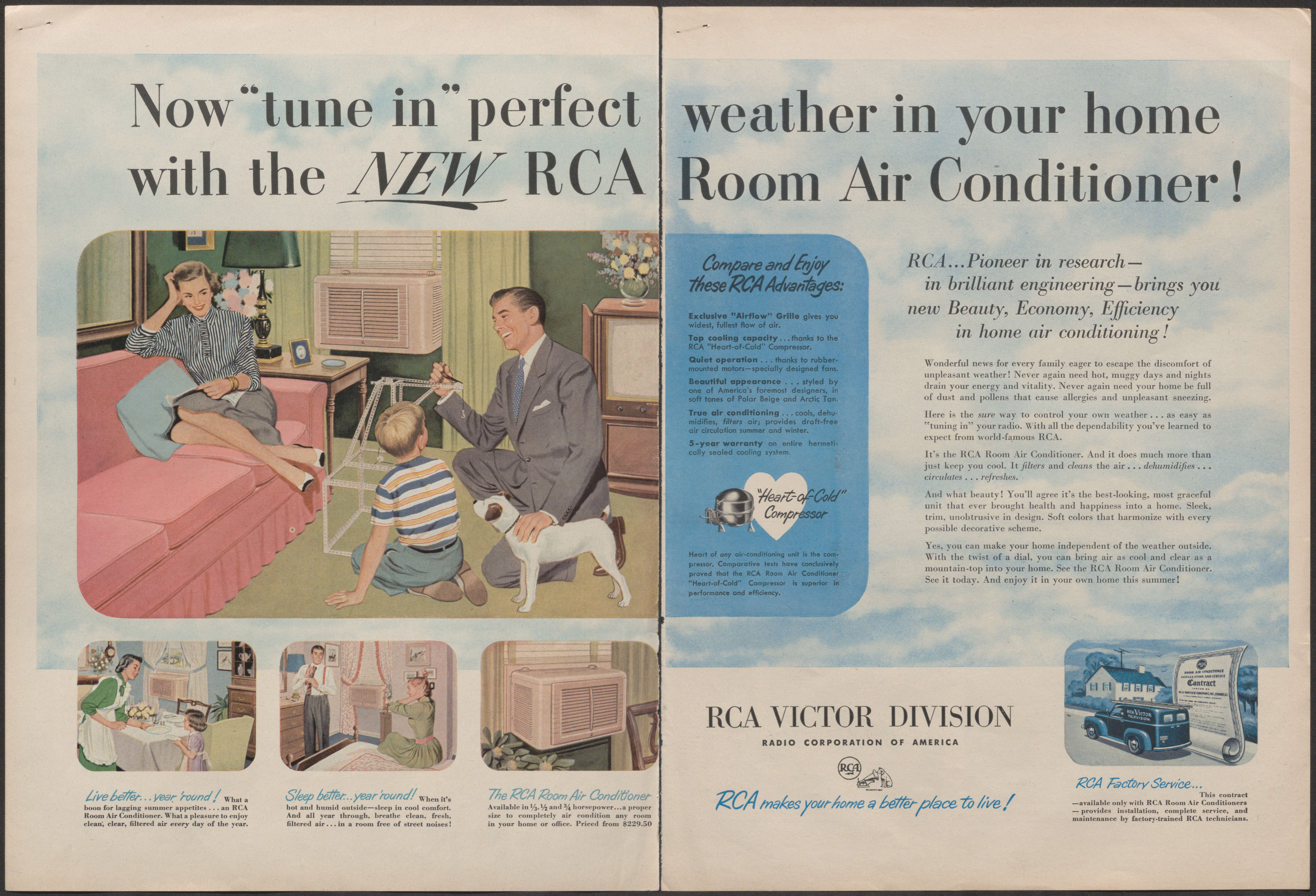 Double spread ad for RCA air conditioners with illustrations of a family in various household rooms