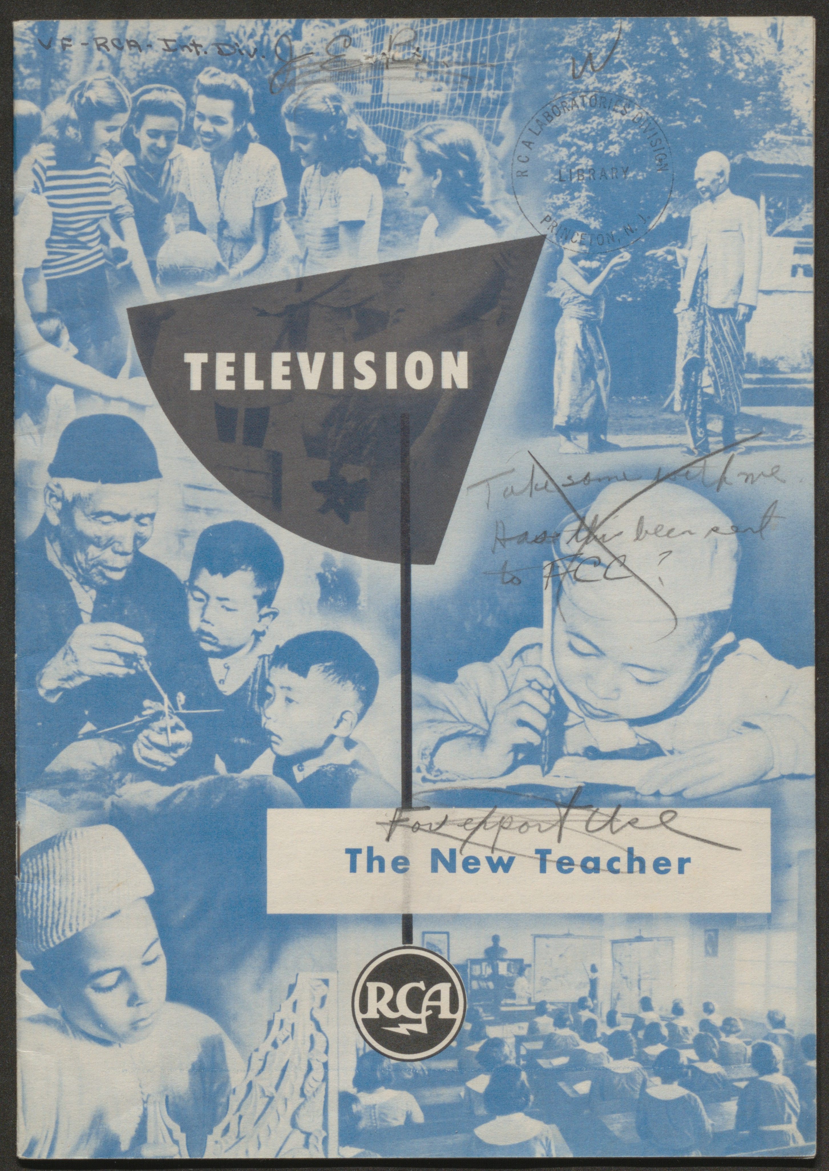 Cover of a pamphlet titled "Television: The New Teacher". Background photos of children.