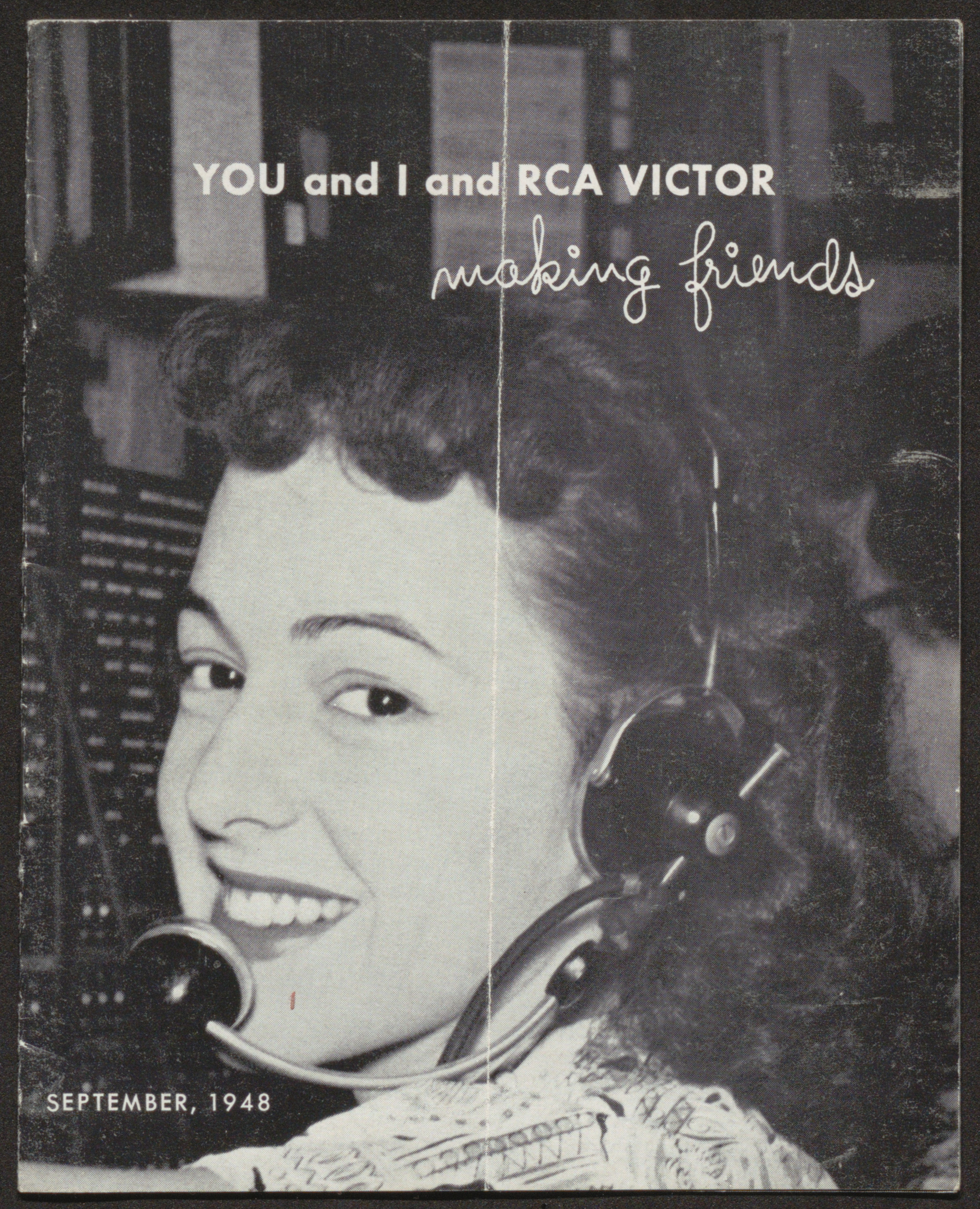 Pamphlet with a black and white photograph of a woman wearing a headset at a switchboard.