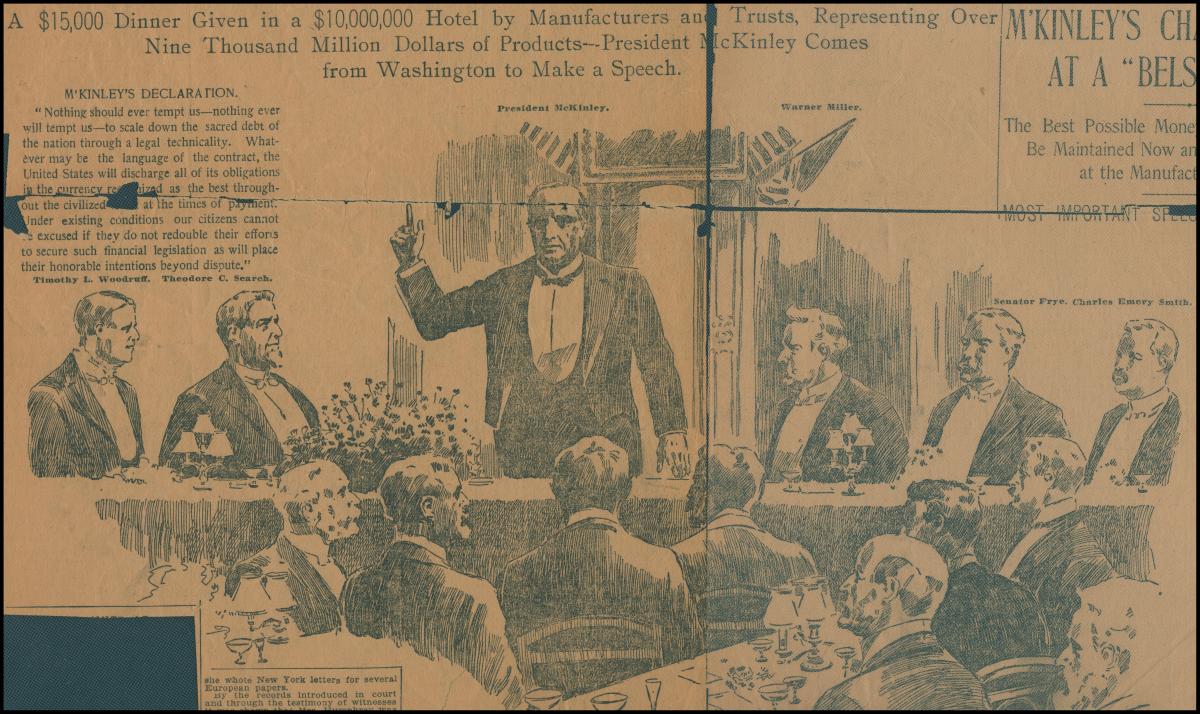 A newspaper illustration of McKinley's speaking at the dinner.