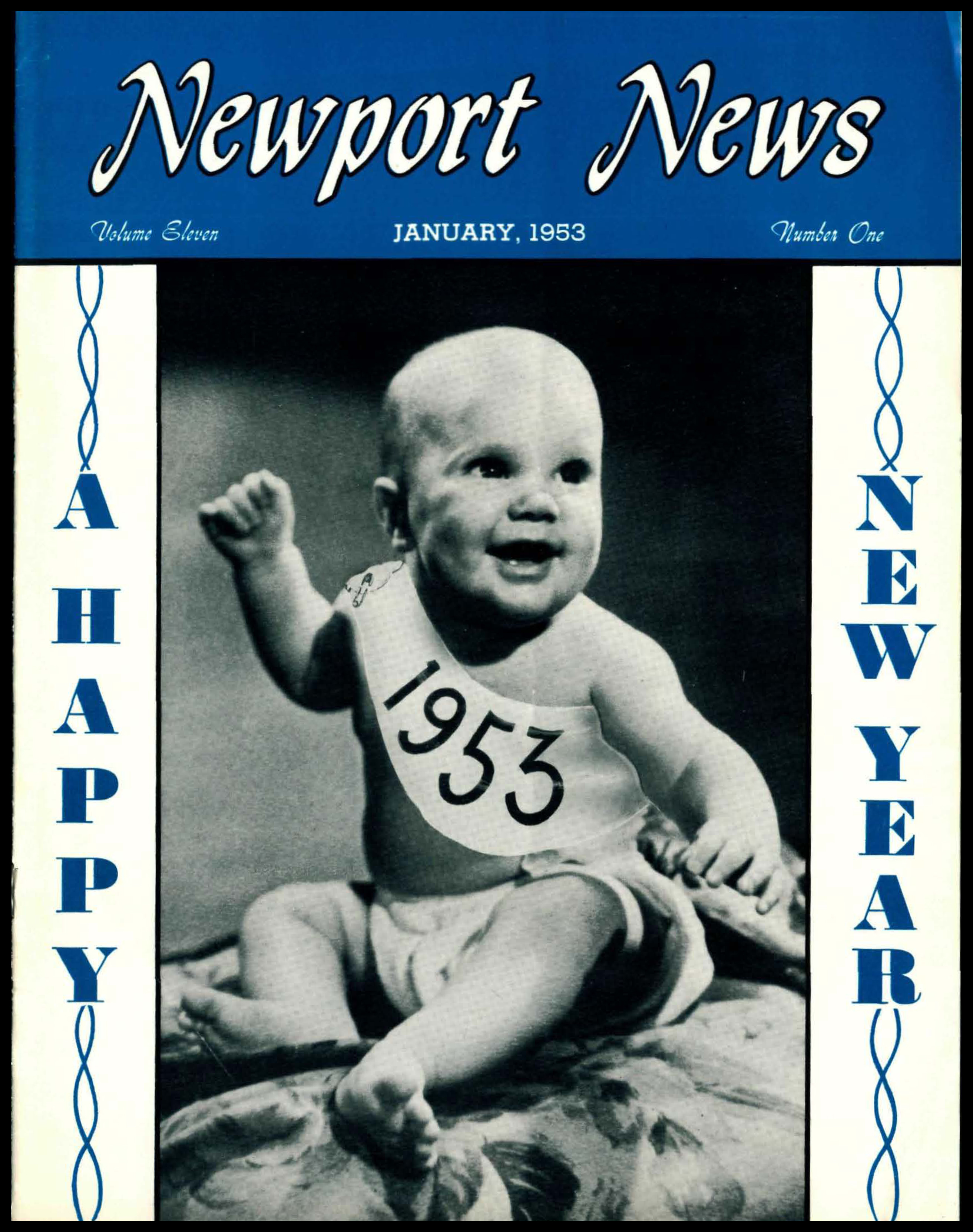 Cover of Newport News with a photo of a baby wearing a "1953" sash and the message "Happy New Year"