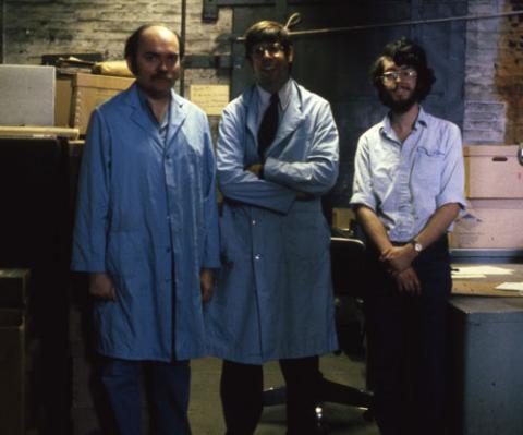 Michael Nash (middle) with Chris Baer (left) and a student assistant at Conrail's Merion Avenue warehouse in West Philadelphia, 1986