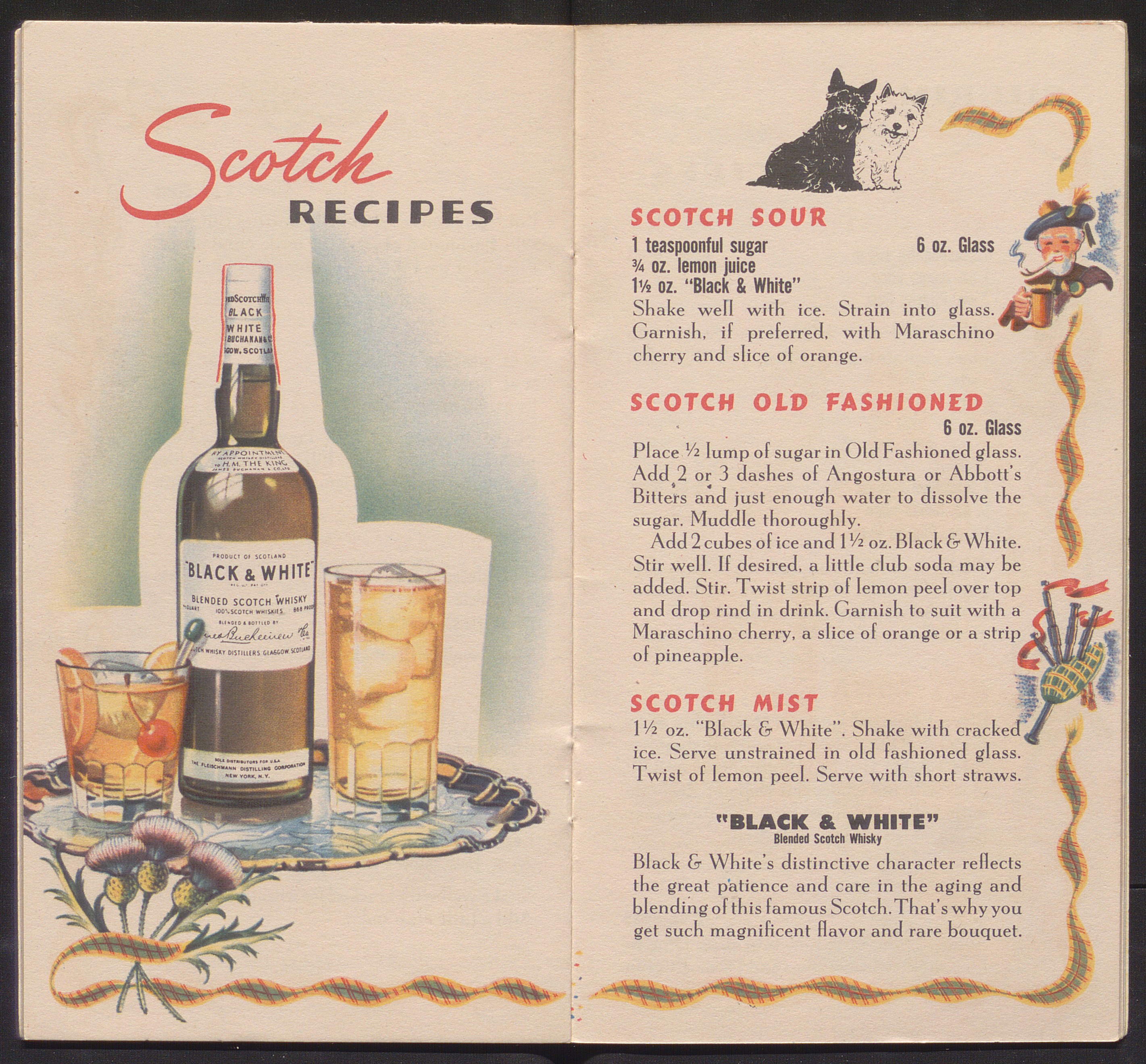 Pamphlet open to pages with color illustrations and recipes promoting scotch.