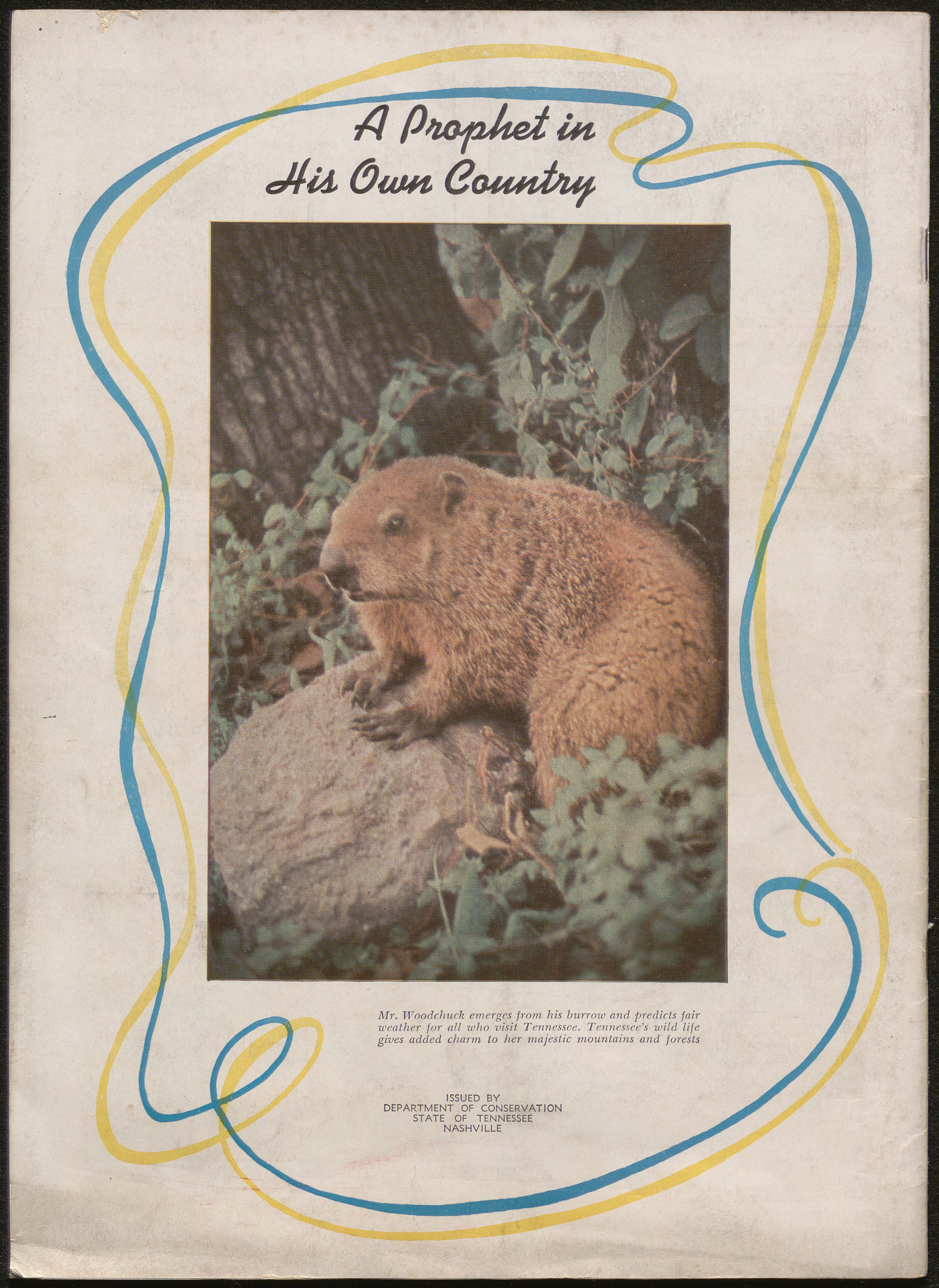 Photograph of a groundhog on the back of a pamphlet. Text reads "A Prophet in His Own Country".