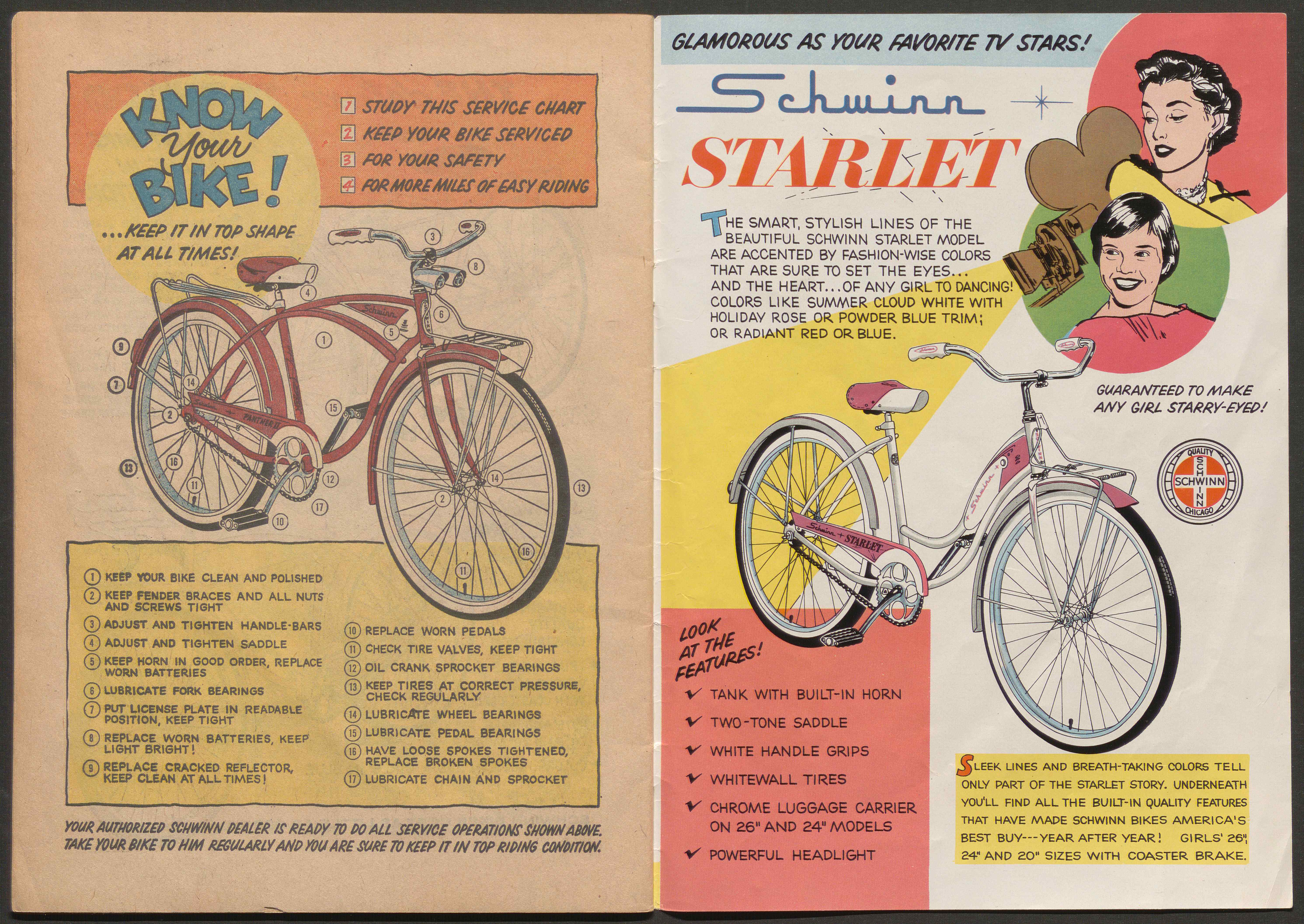 Pages from a comic-book style bike catalog showing a bike diagram and ad forthe Shwinn Starlet bike.