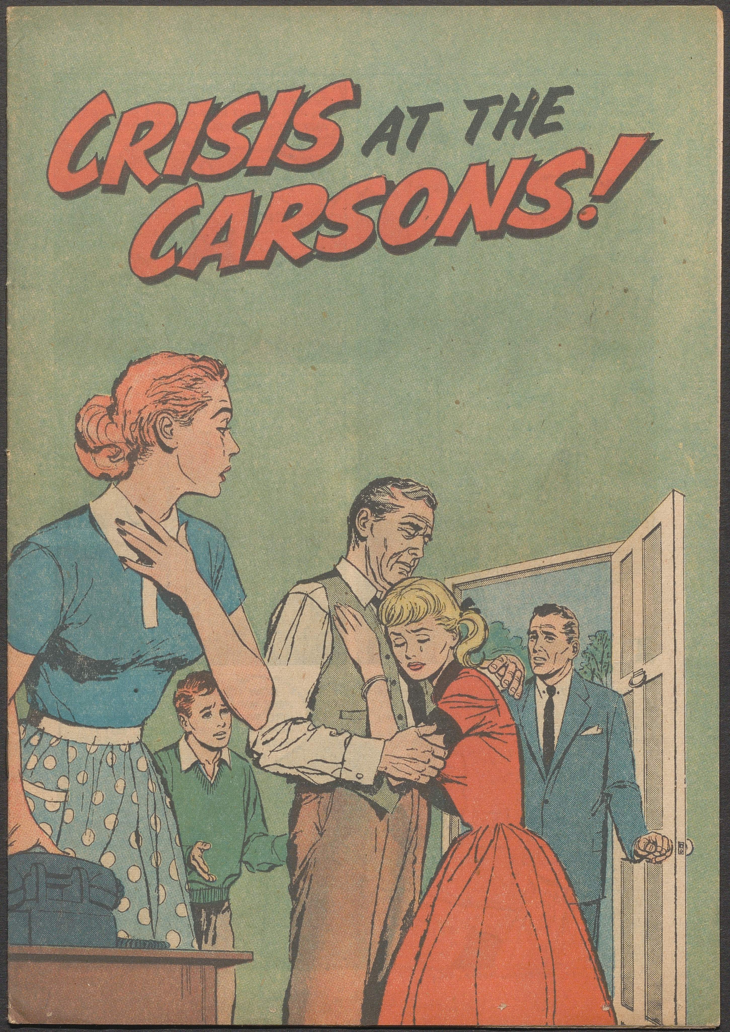 Comic book cover illustration; an alarmed family and a girl weeping into her father's chest.