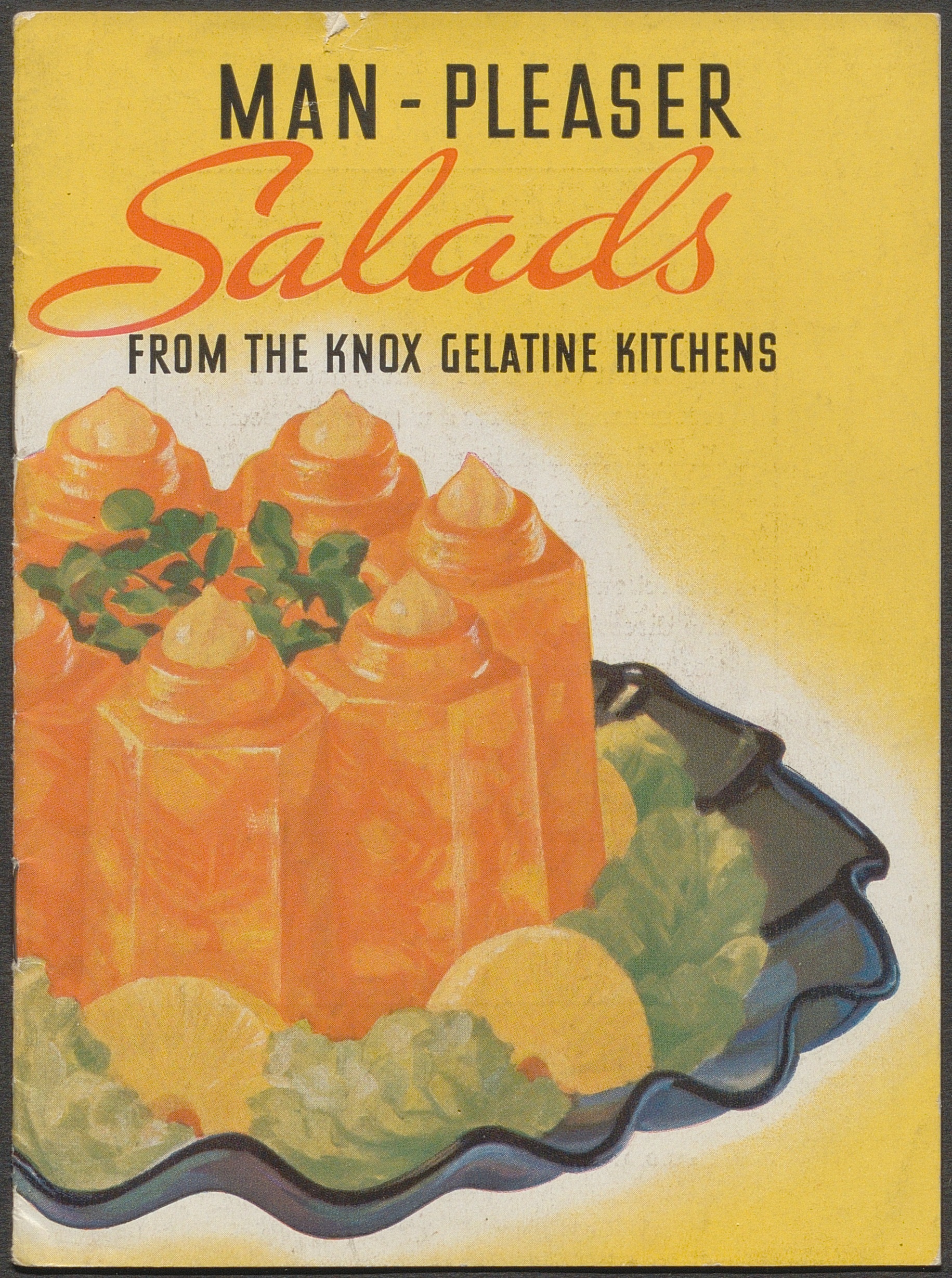Pamphlet titled "Man-Pleaser Salads" with an illustration of a gelatin mold salad