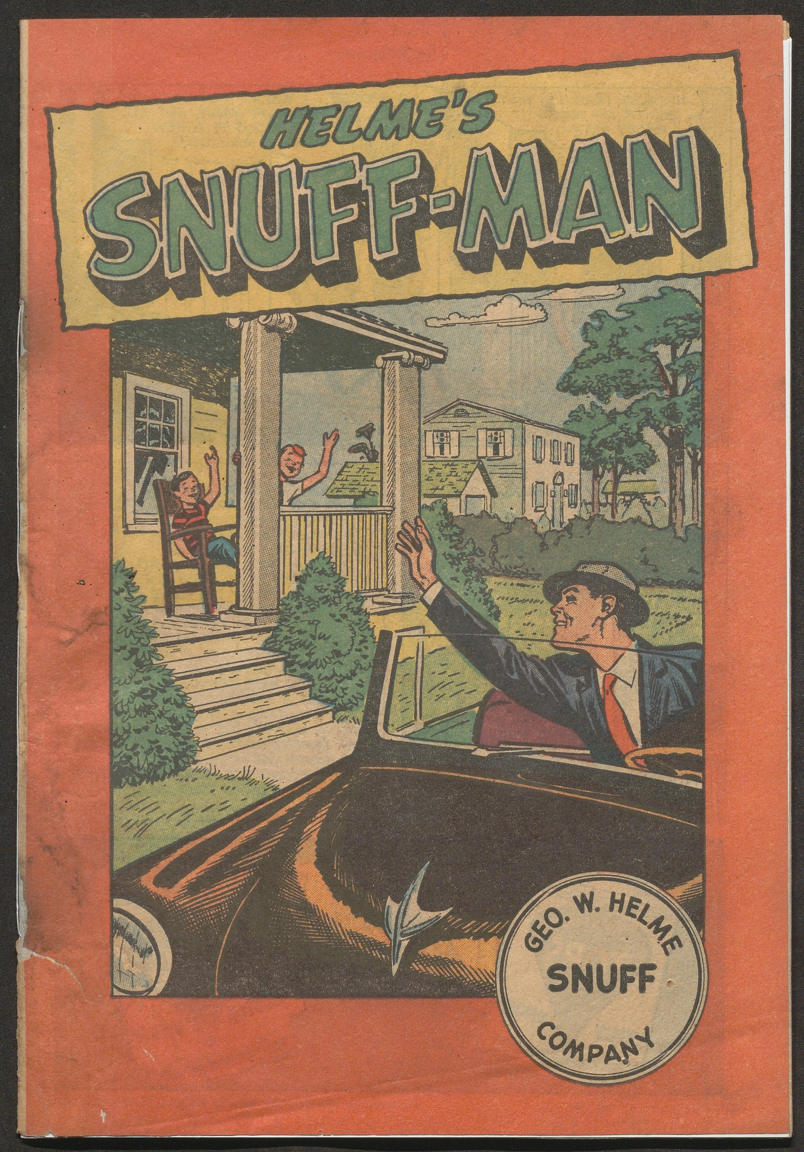 Comic book cover showing a man waving at children. Titled "Helme's Snuff-Man".