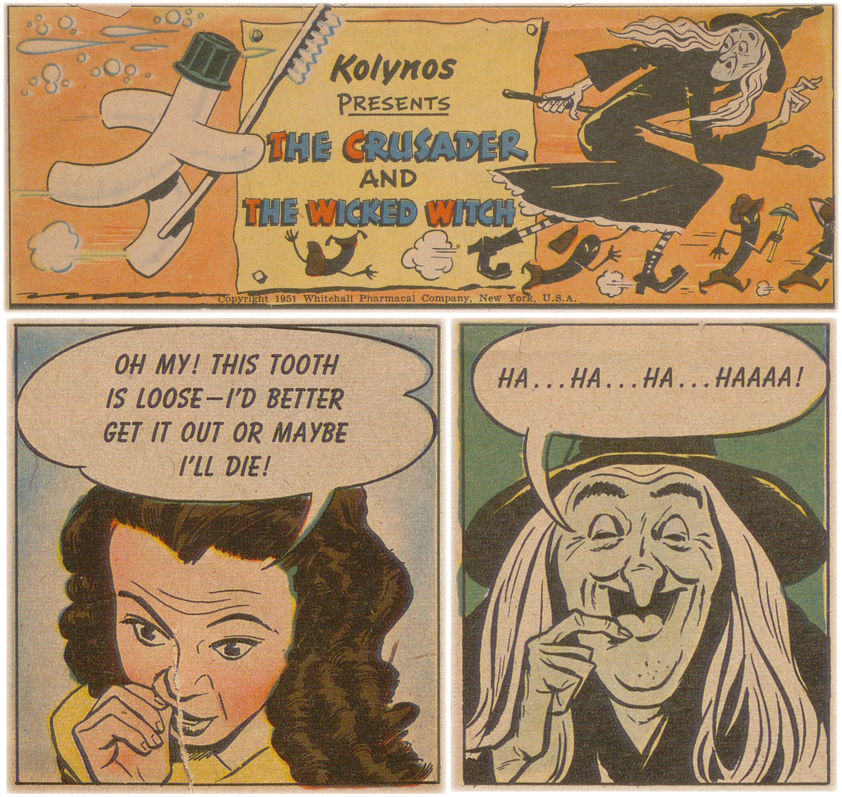Color illustrations from a comic book about dental care featuring a witch and small children.