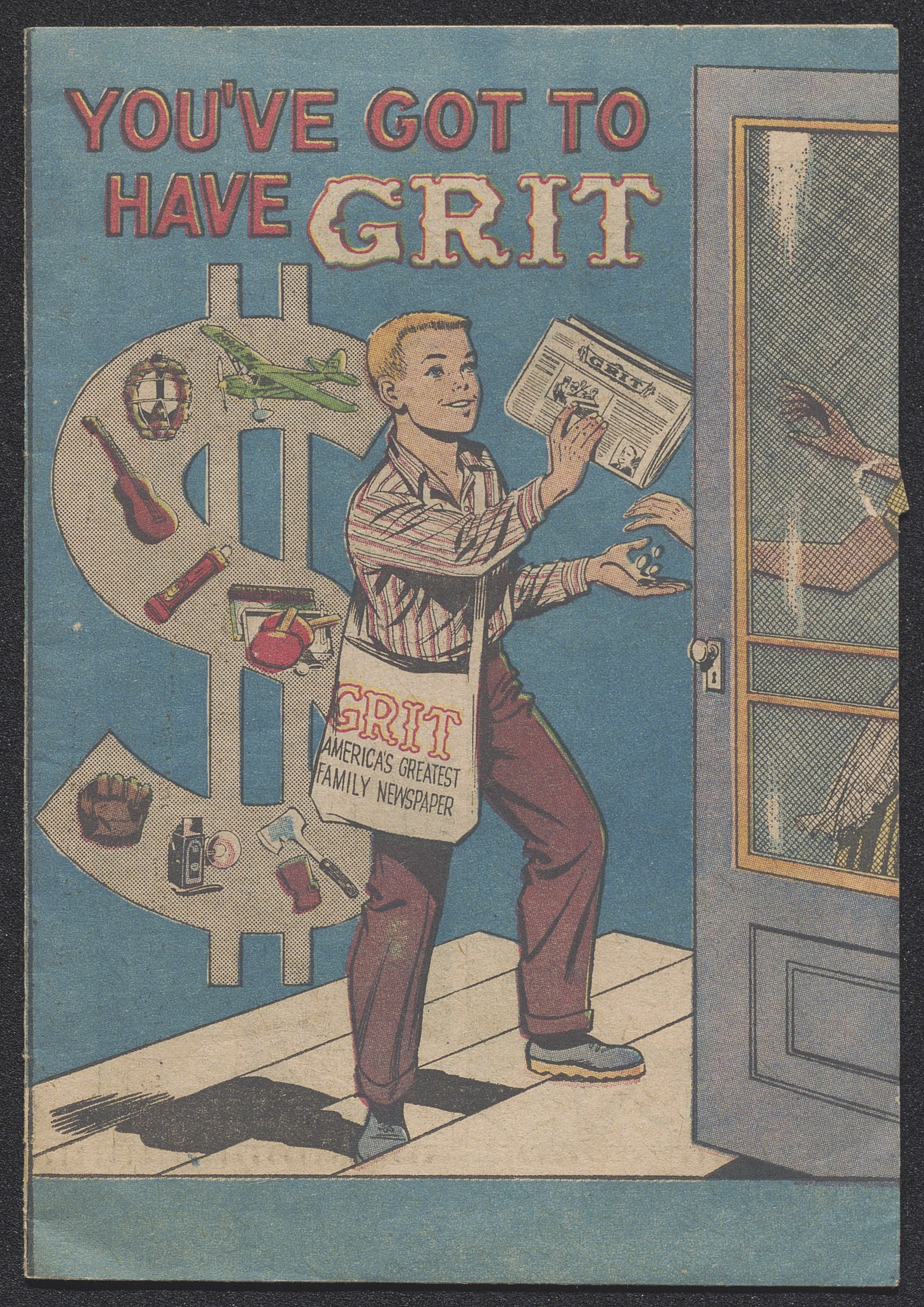 Comic book cover with illustration of a boy selling 'Grit' newspapers door to door.
