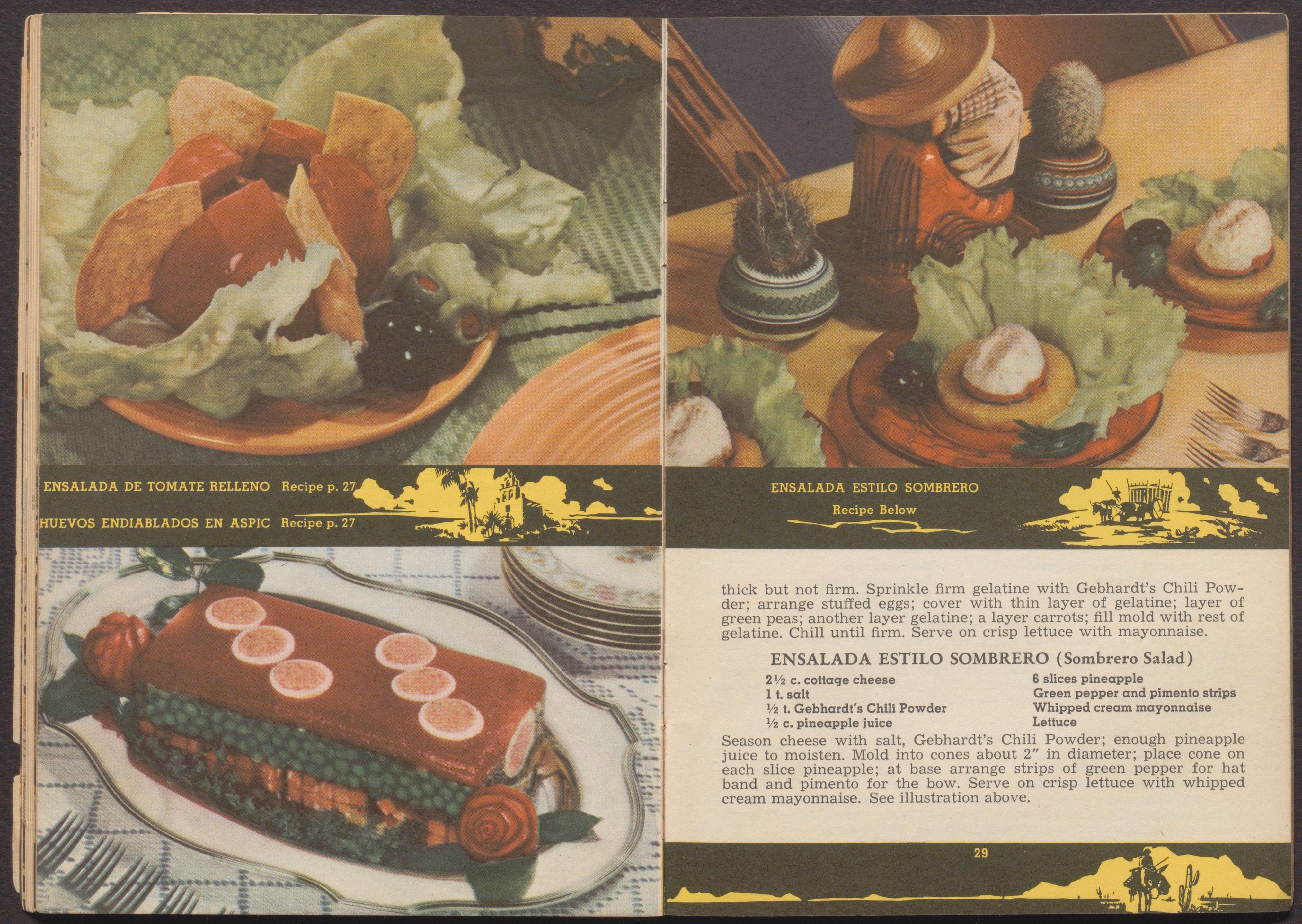 Pages from an open cookbook, showing three dishes and part of a recipe for 'Sombrero Salad'.