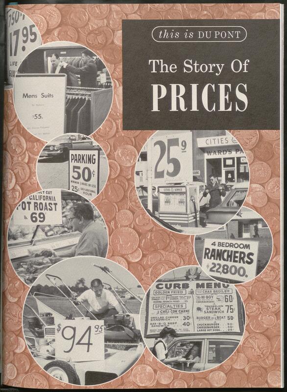 Cover of a pamphlet titled "The Story of Prices". Black and white photos of signs displaying prices.