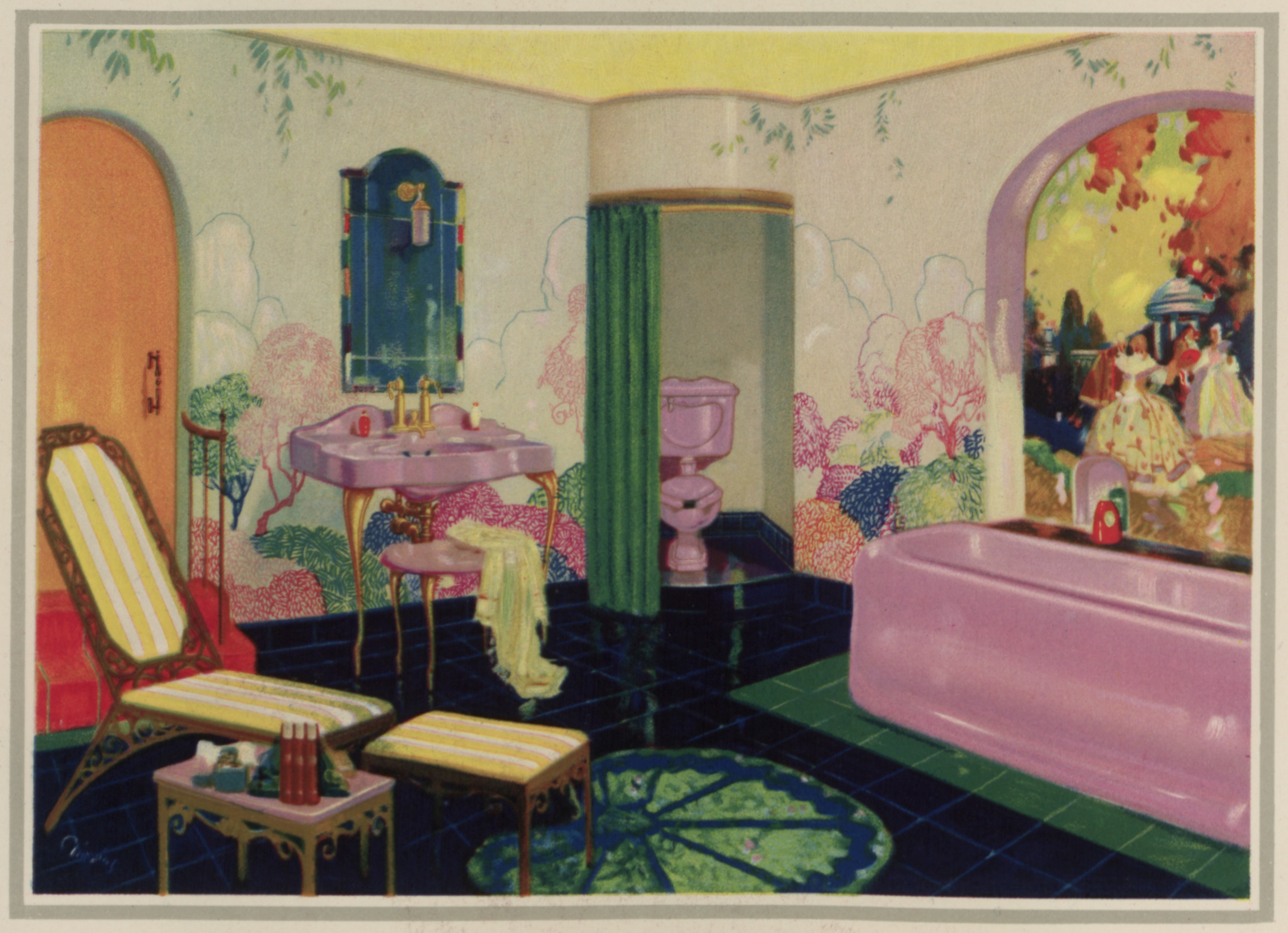 Color illustration of a very colorful bathroom featuring wall murals.