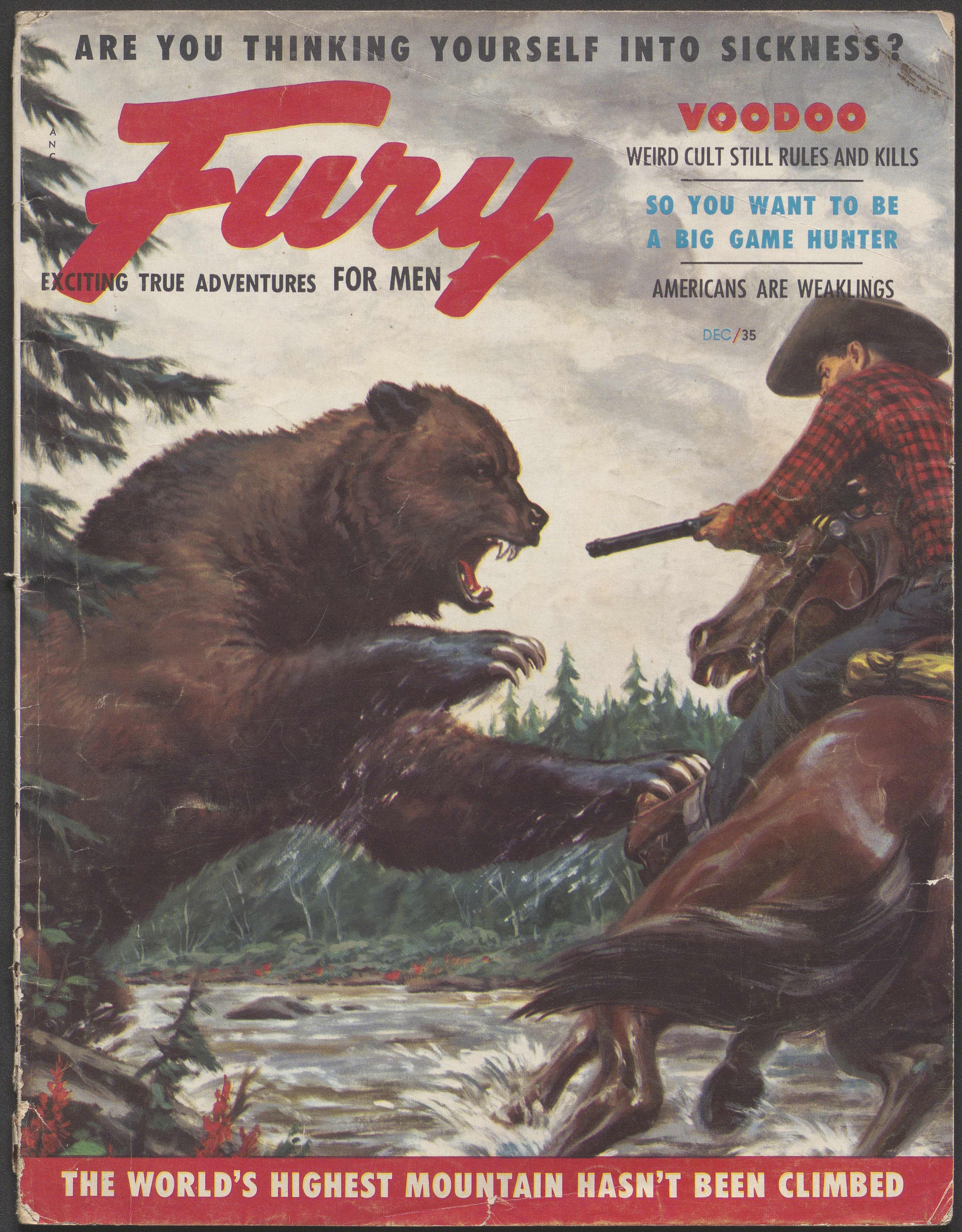 Magazine cover featuring a color illustration of a man on horseback shooting at an attacking bear
