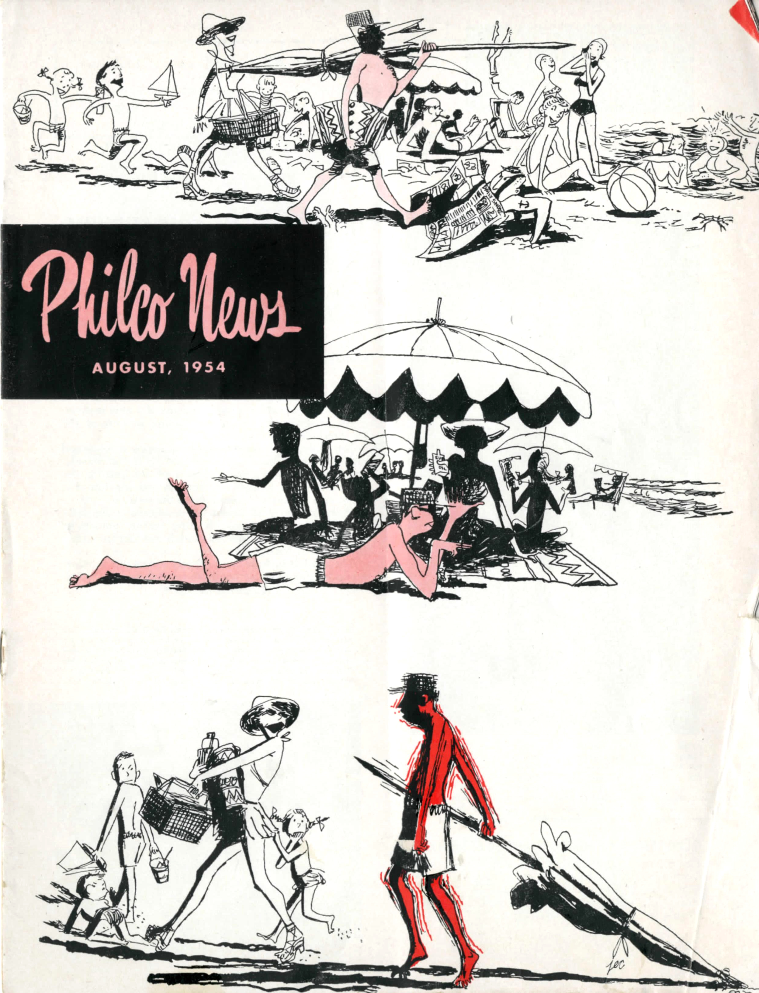 August 1954 cover of Philco News magazine. Partial color illustrations show a family arriving at, enjoying, and leaving a beach, with the father figure getting progressively more sunburned.