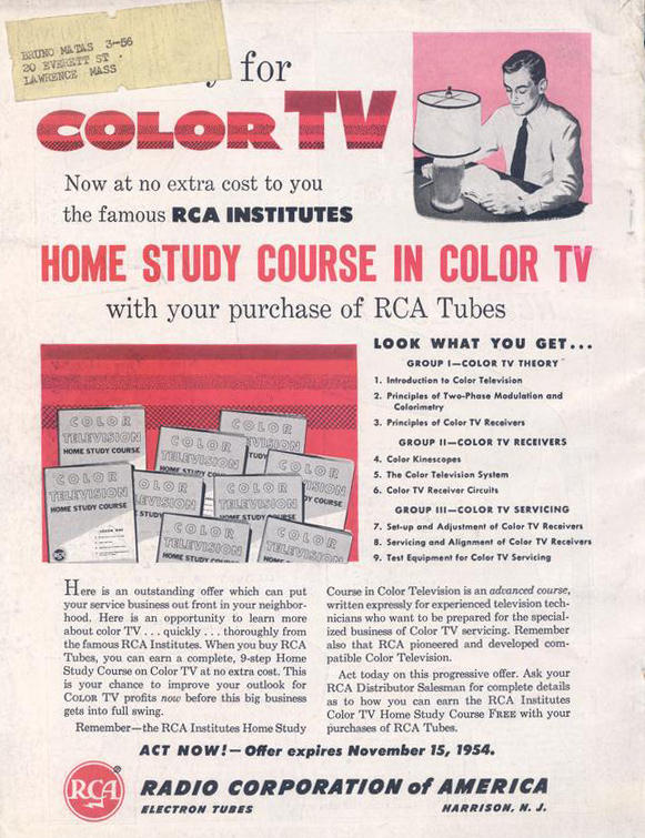 Ad for an at-home course on color television maintenance and repair for service technicians.