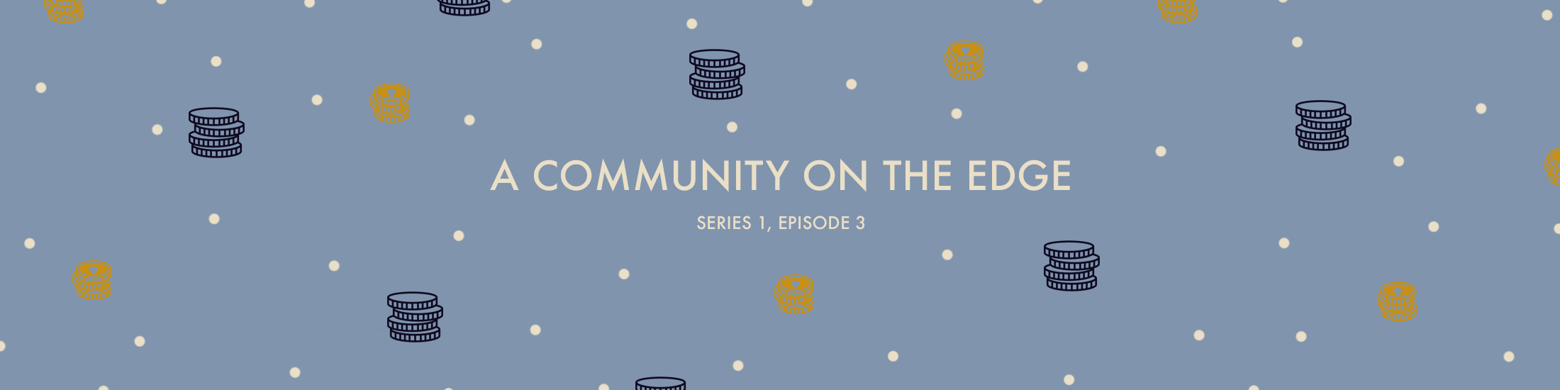 A community on the edge text with coin graphics