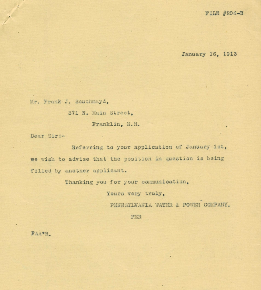 Typed rejection letter to Frank Southmayd from Pennsylvania Water & Power, 1913