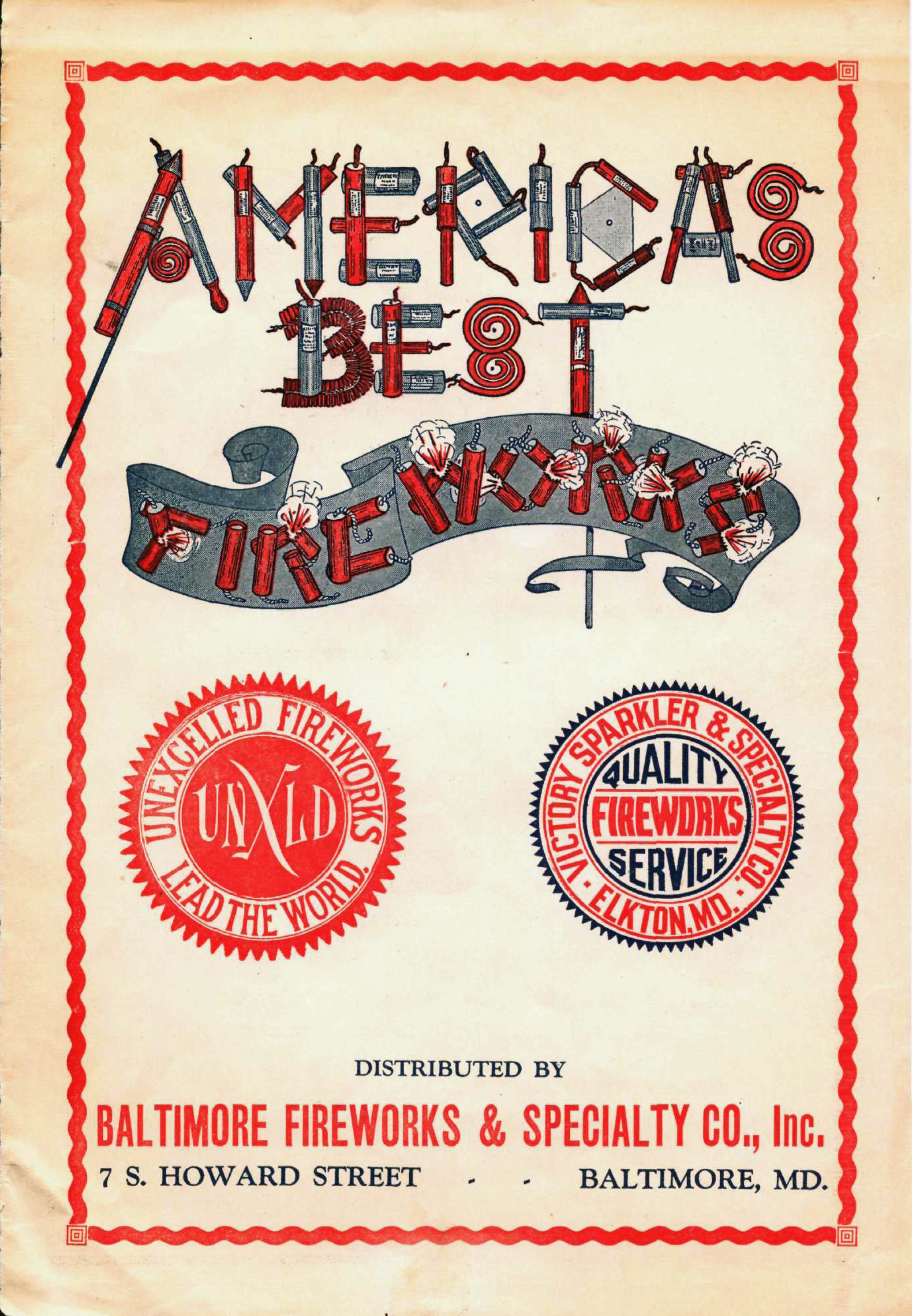 Cover for a fireworks catalog with "America's best fireworks" spelled out in fireworks.