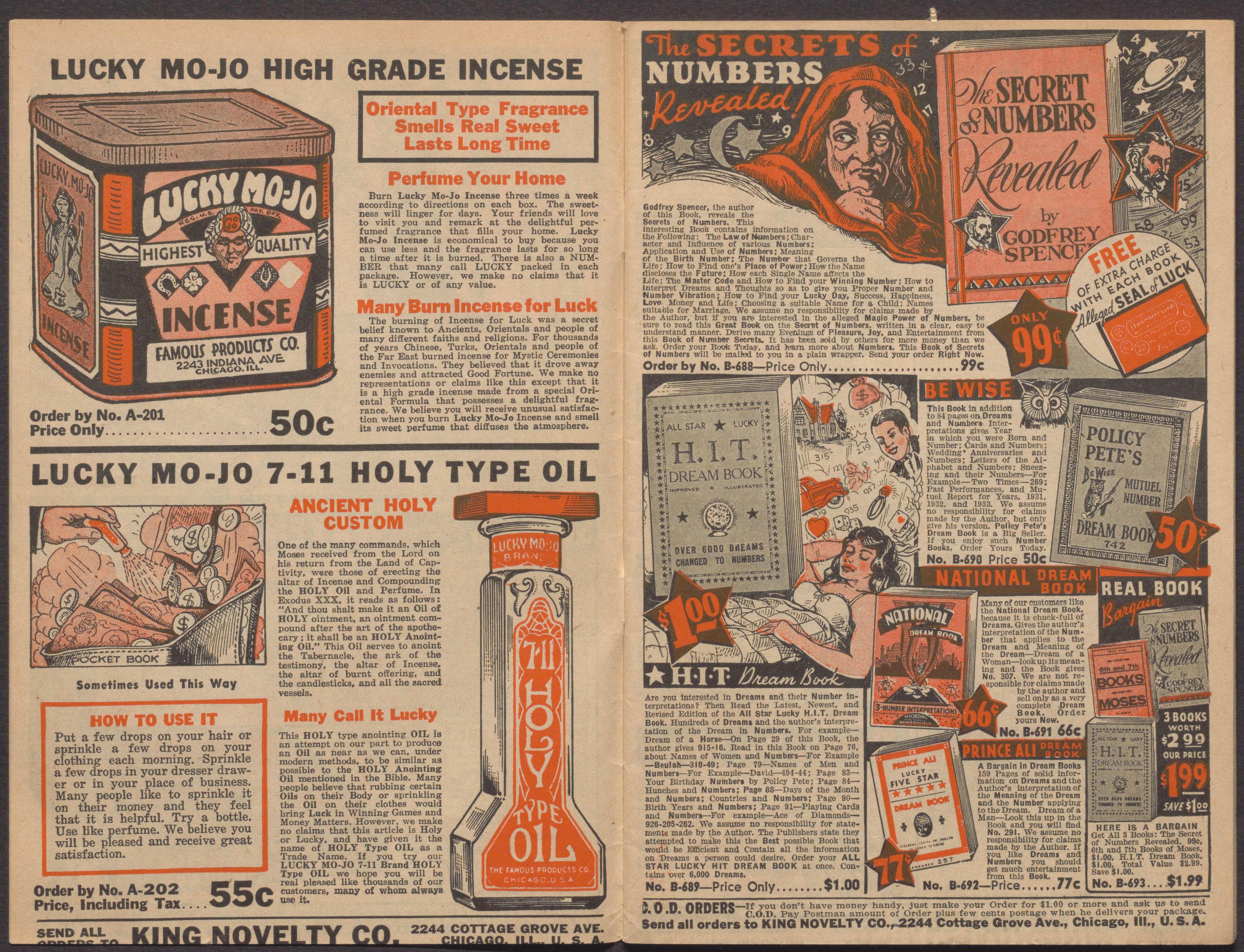 Open pages of a catalog of novelties, featuring incenses, lucky oil, and occult and magic books.