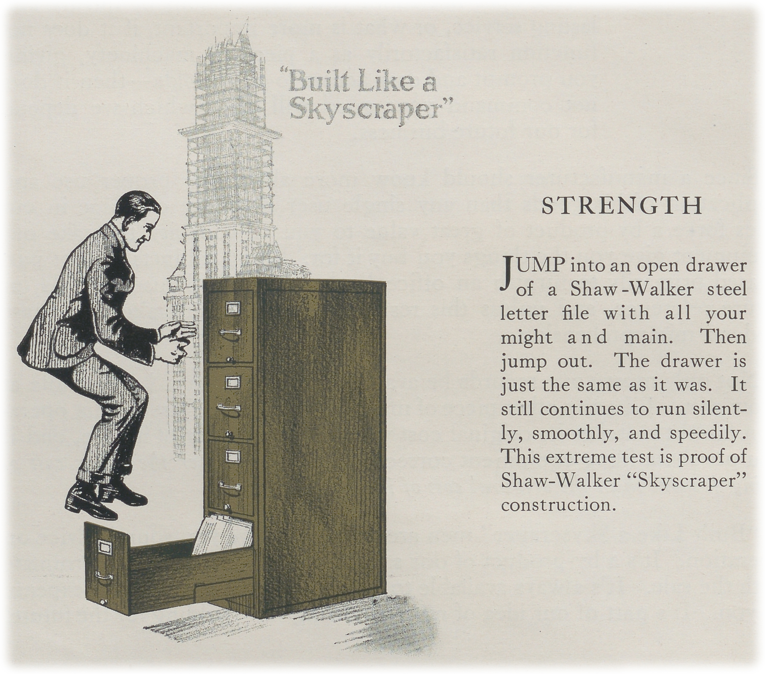 Illustration of a man jumping onto the open drawer of a filing cabinet.