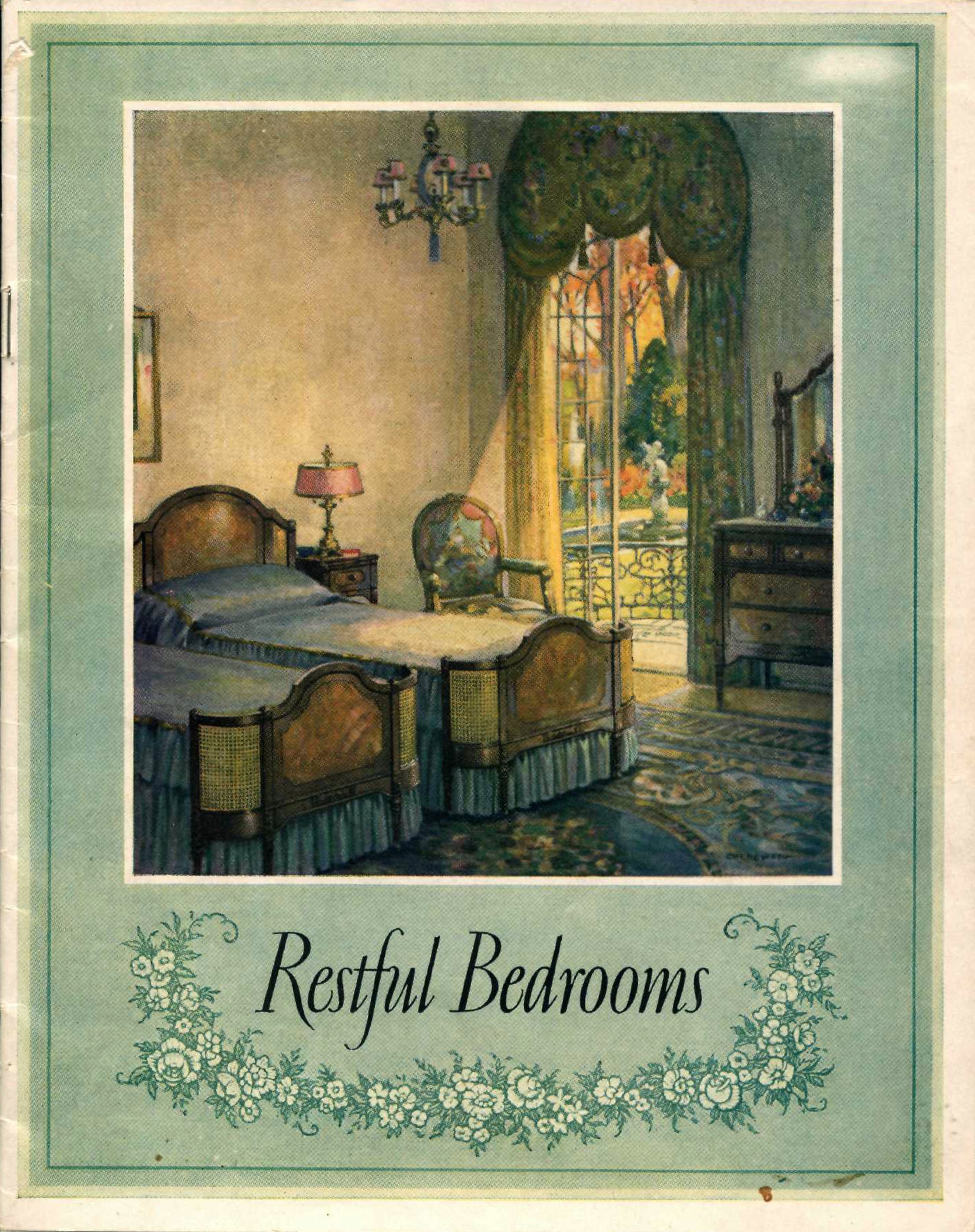 Catalog titled "Restful Bedrooms", with a color illustration of a restful bedroom.