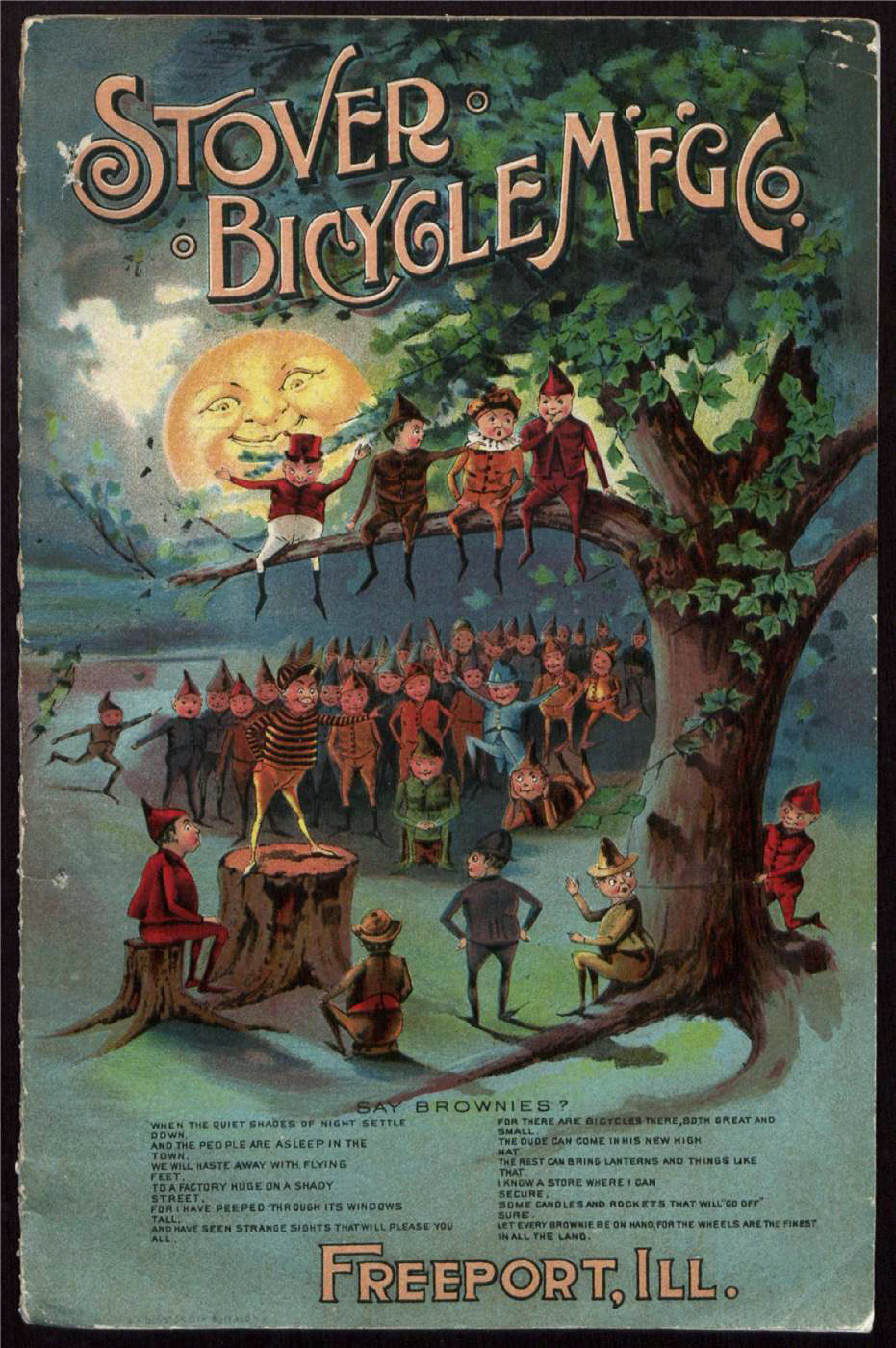 Cover of a bicycle catalog from 1894 with an illustration of brownies frolicking in the moonlight.