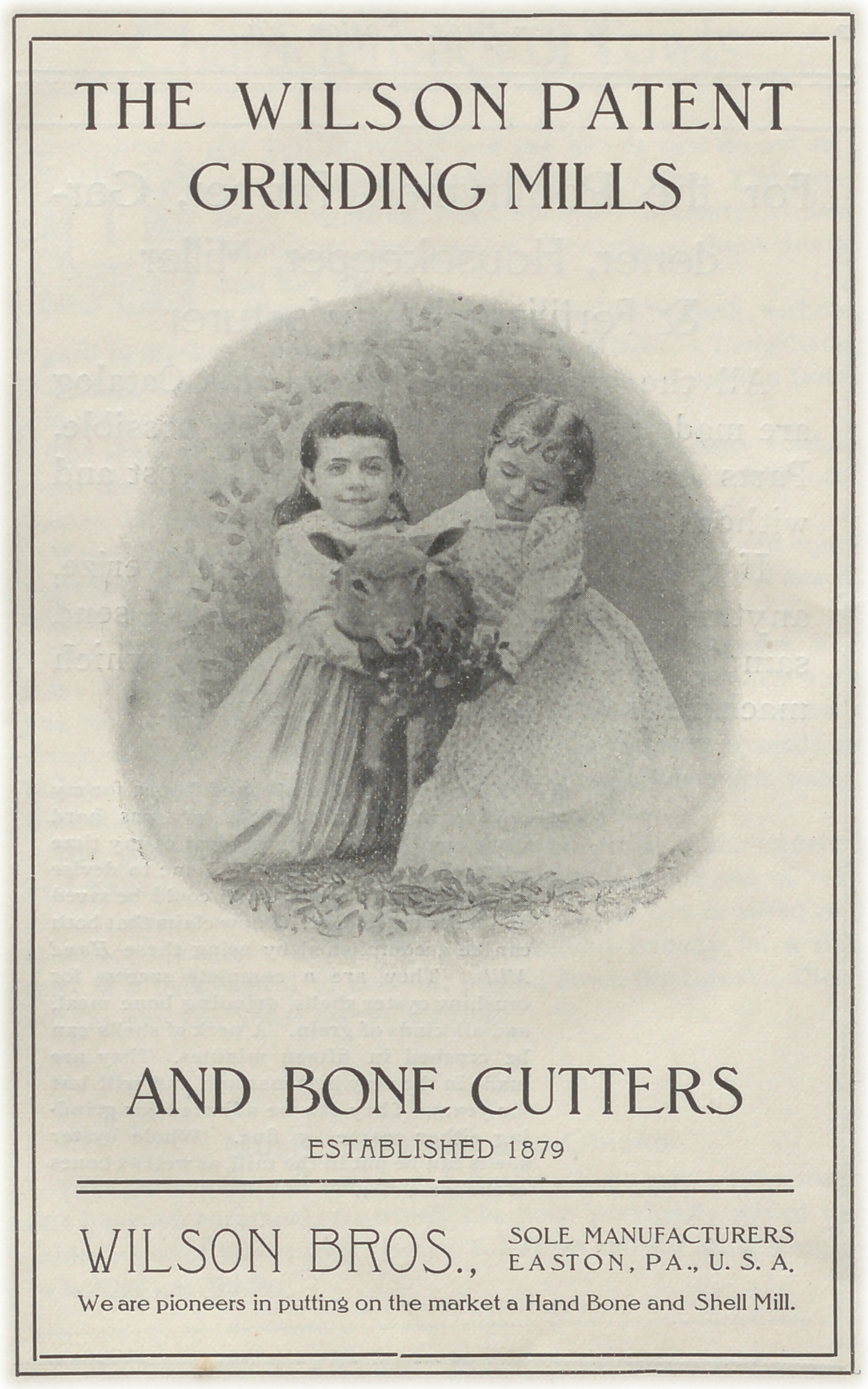 Title page of a catalog for meat processing equipment, with photo of children hugging a lamb.