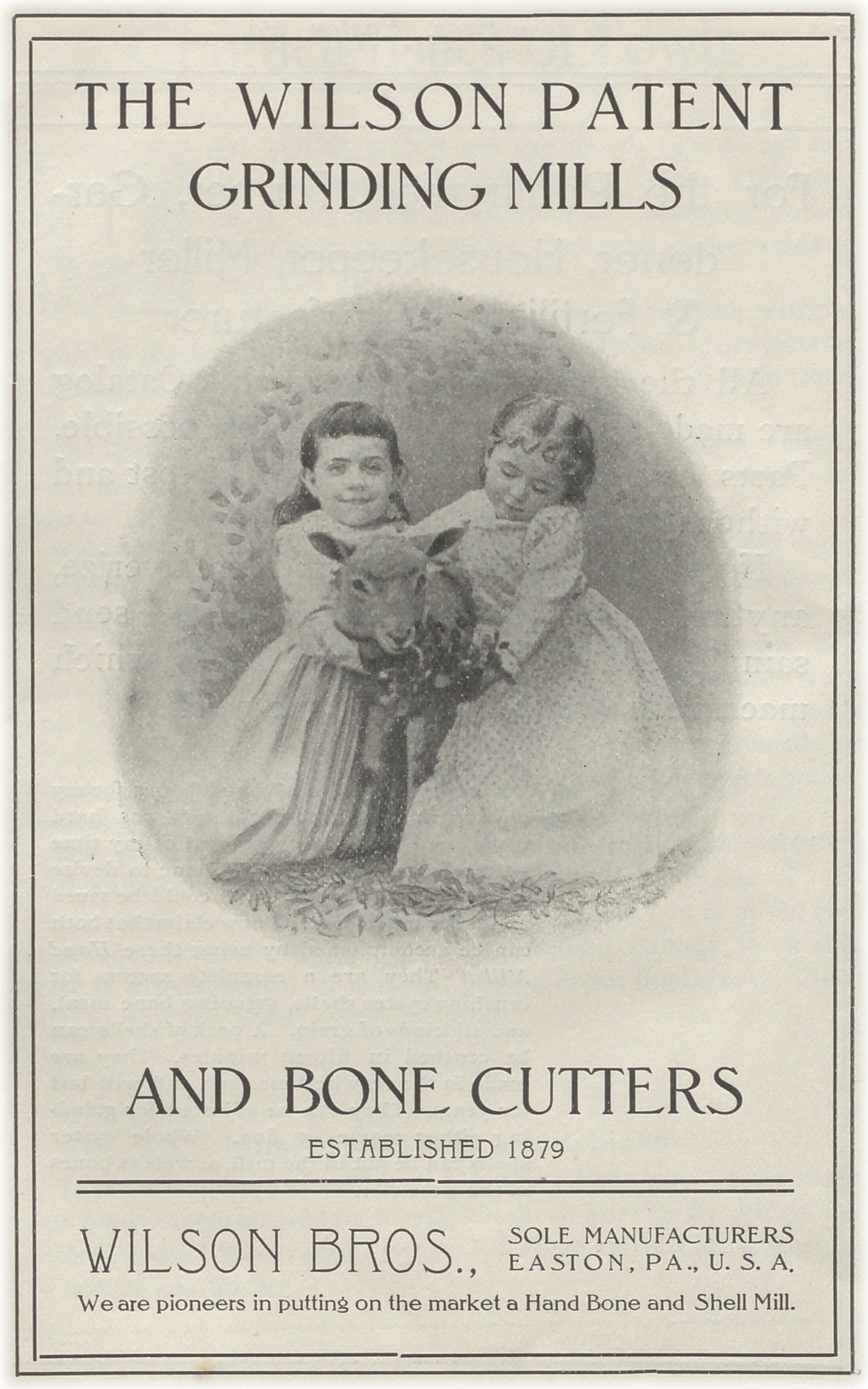 Title page of a catalog for meat processing equipment, with photo of children hugging a lamb.