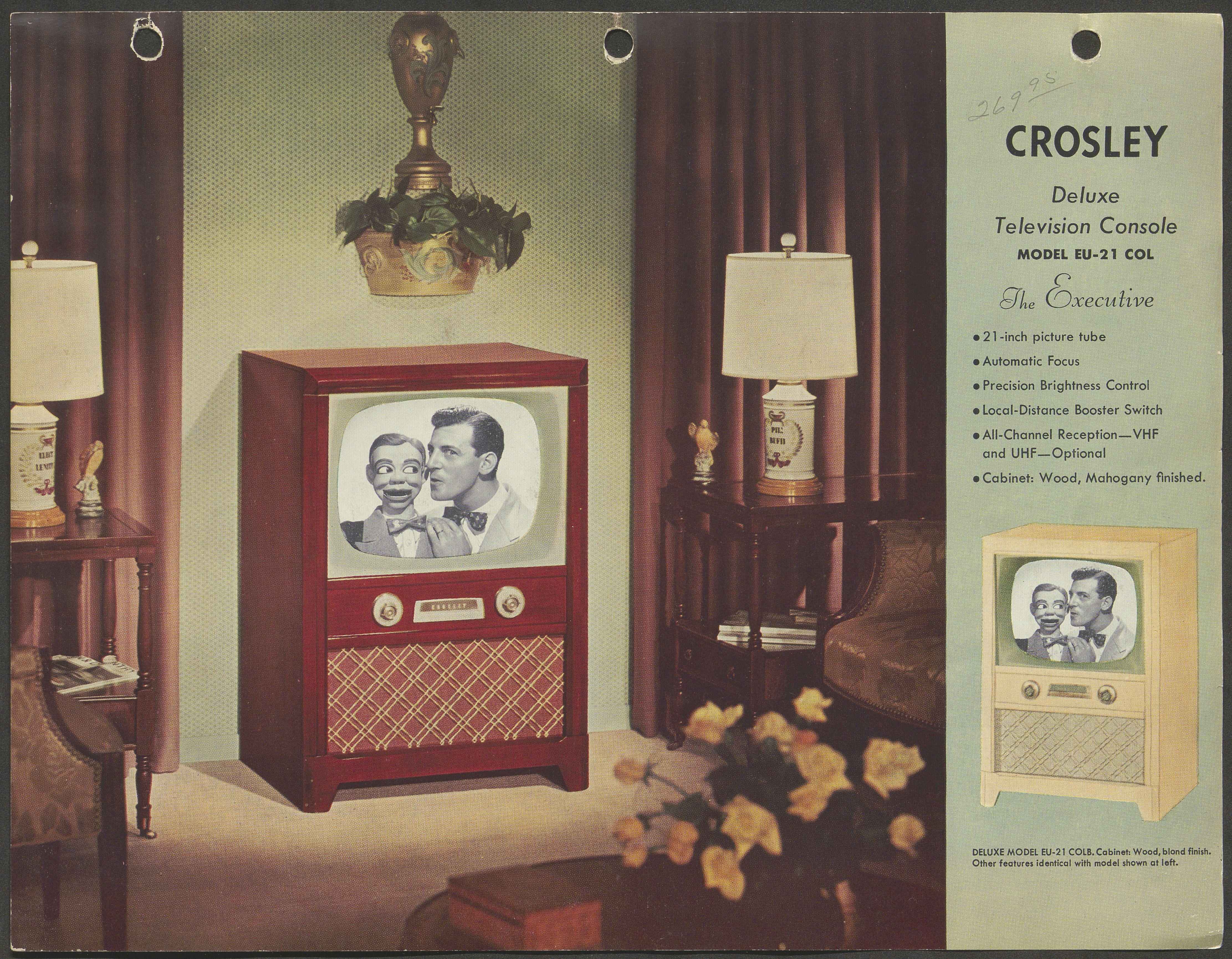 Color advertisement showing a Crosley television control in a 1950s living room