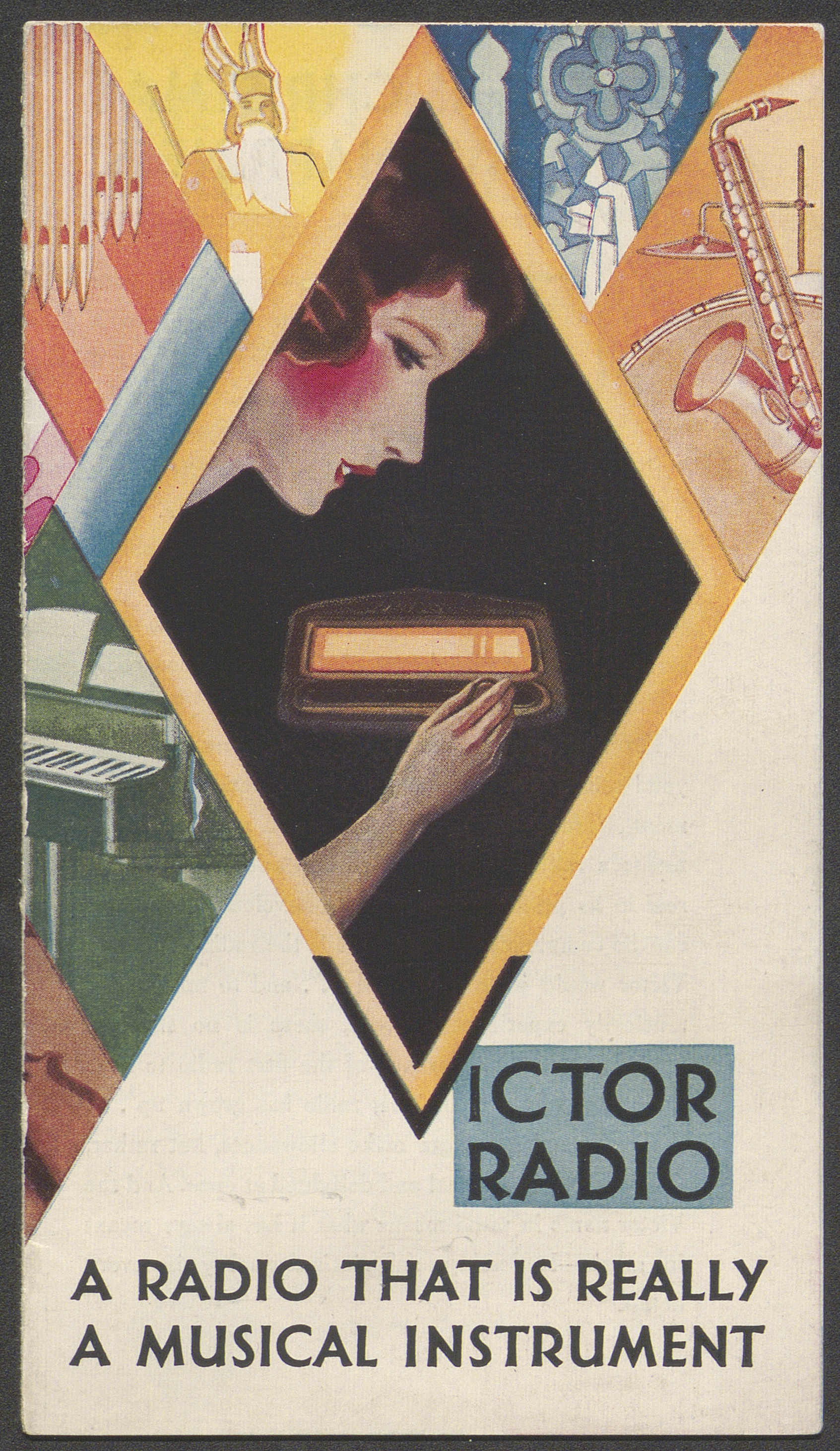 Catalog cover for Victor Radio. Colorful illustrations related to music and a woman tuning a radio.