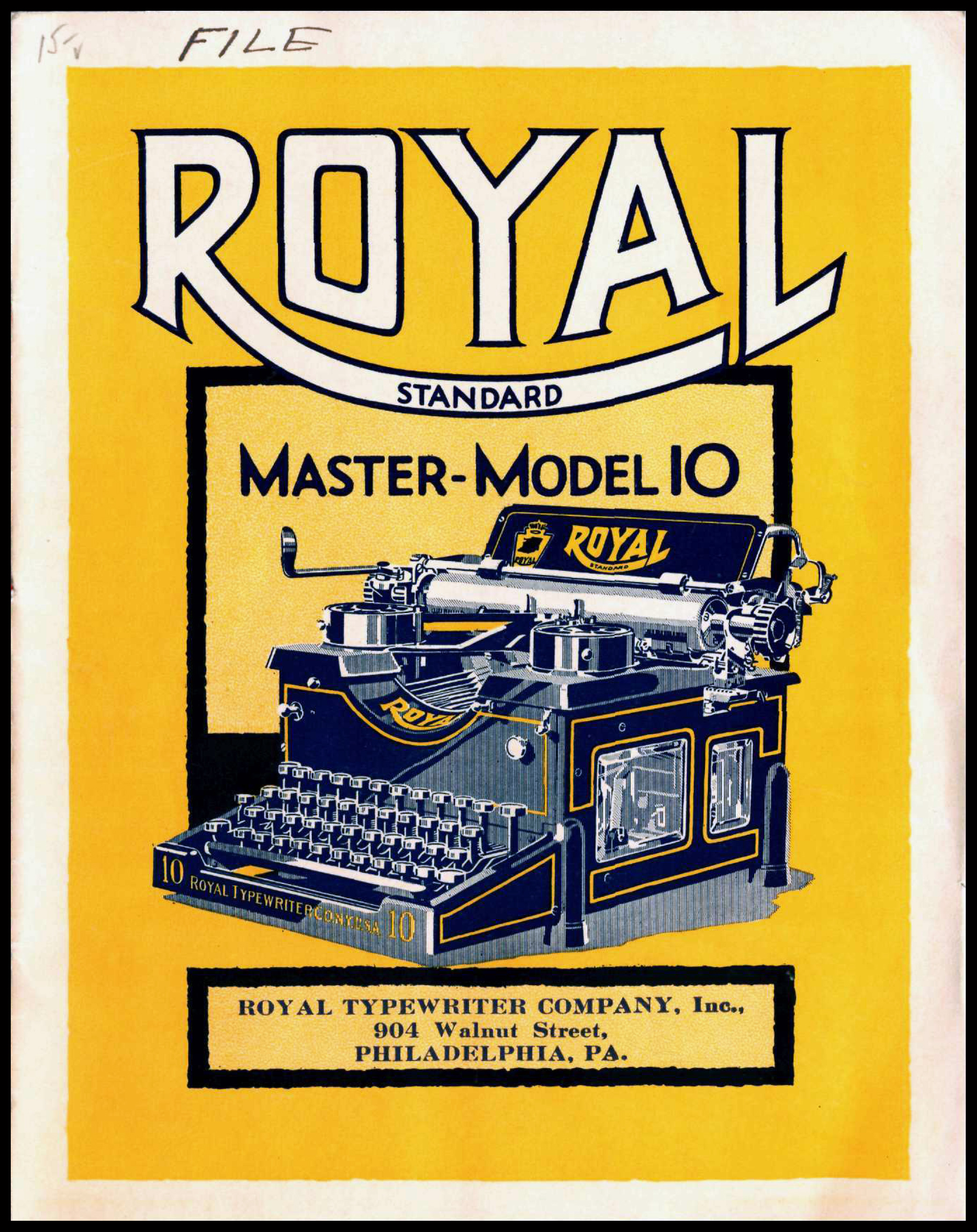 Cover of a typewriter catalog featuring an illustration of a typewriter on a yellow background