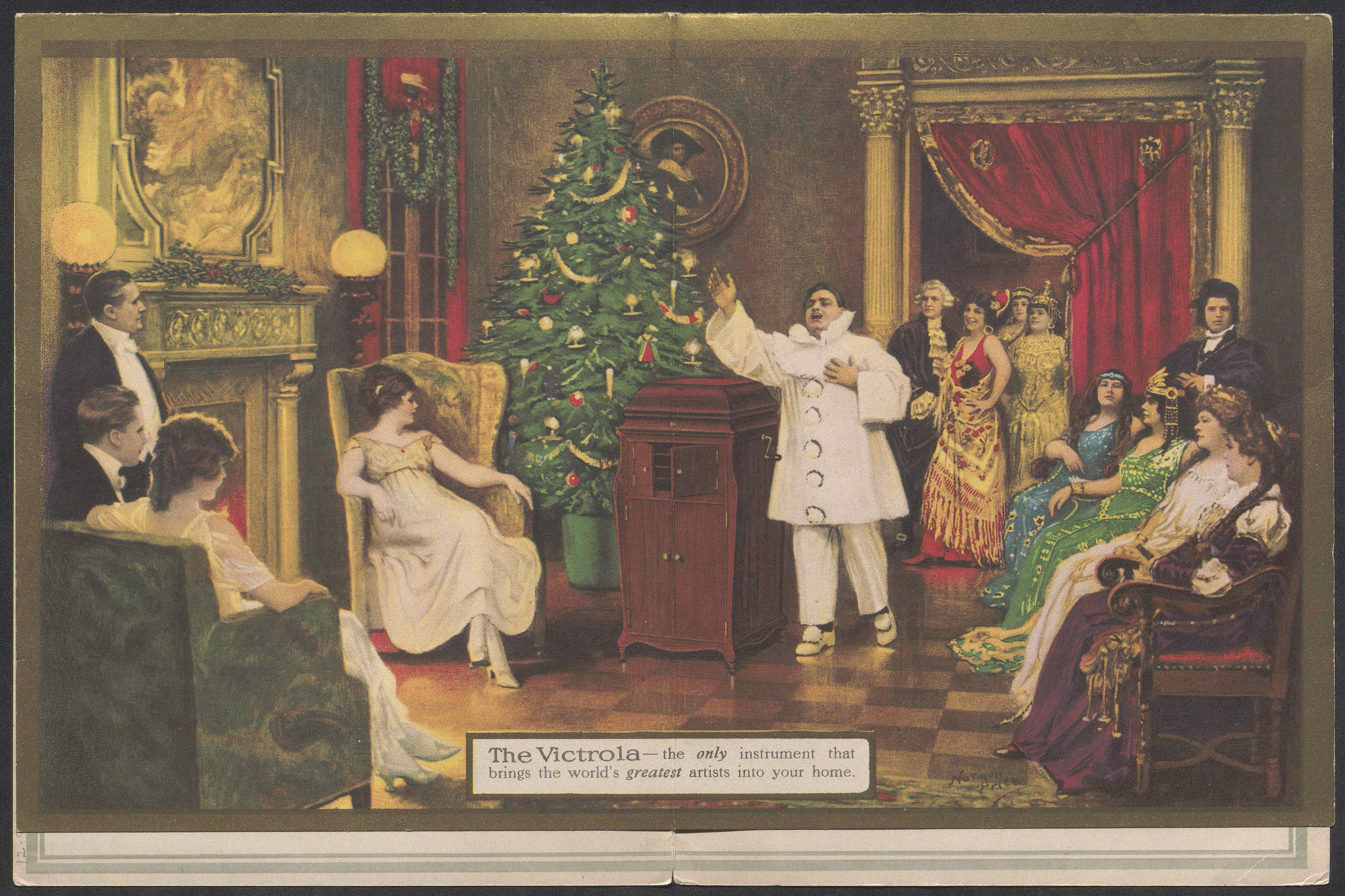 Color illustration of a lavishly decorated interior with a Christmas tree, victrola & performer.