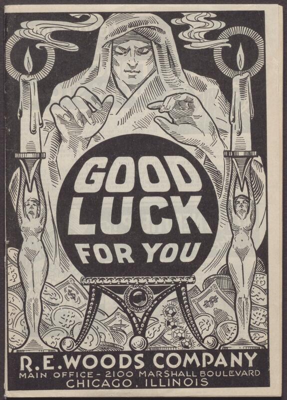 Black and white illustration on a catalog cover featuring someone peering into a crystal ball. Title reads 'Good Luck for You'