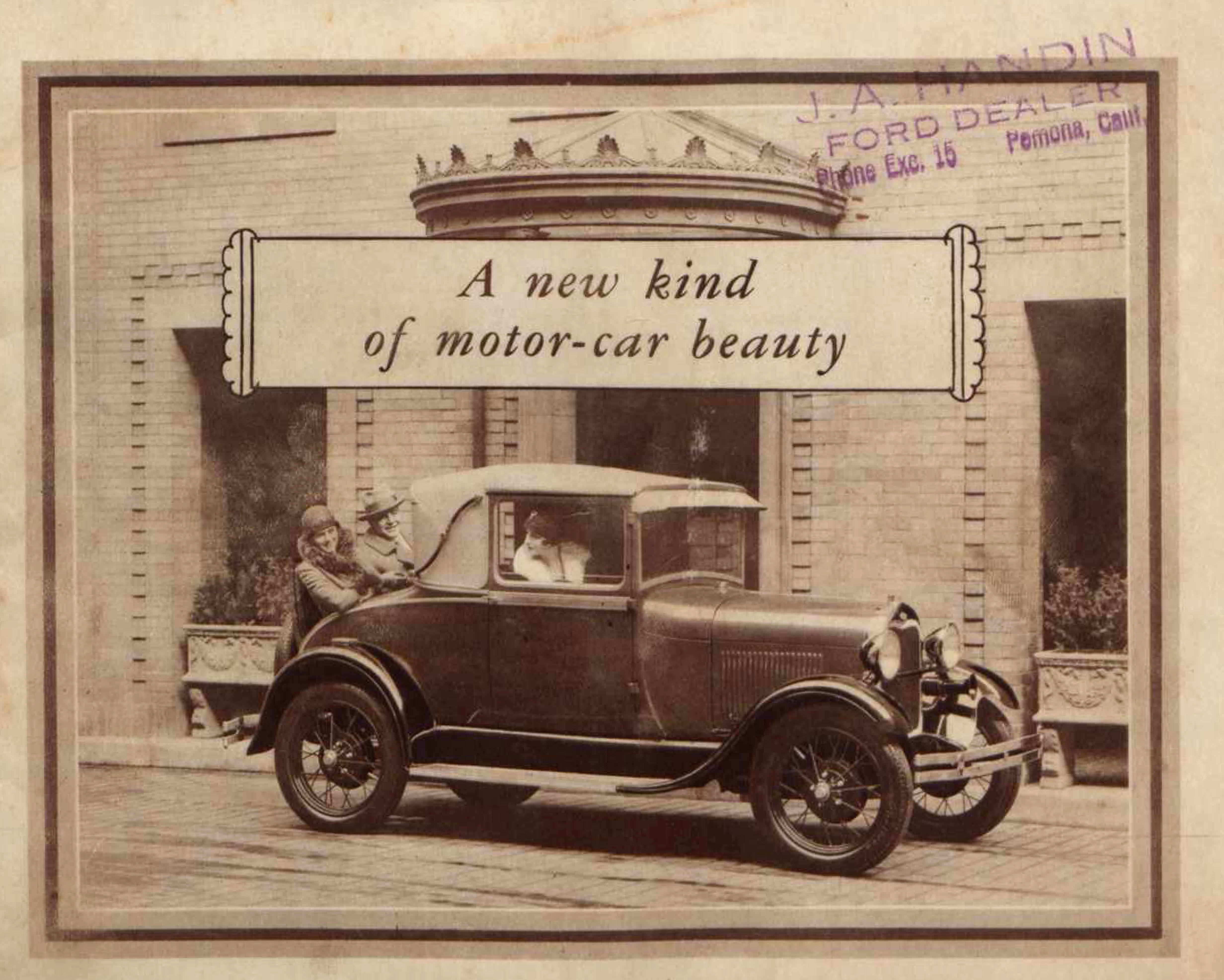 Cover of a Ford catalog titled "A new kind of motor car beauty", with black and white photograph of a Ford automobile with passengers and a driver.