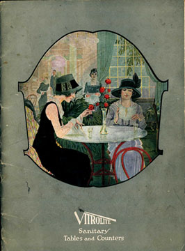 Vitrolite ad, 1922. Featuring two women reading menus at their table.