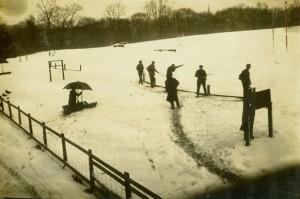 A winter day event at the Du Pont Gun Club, 1914, spire of Christ Church can be seen in the background