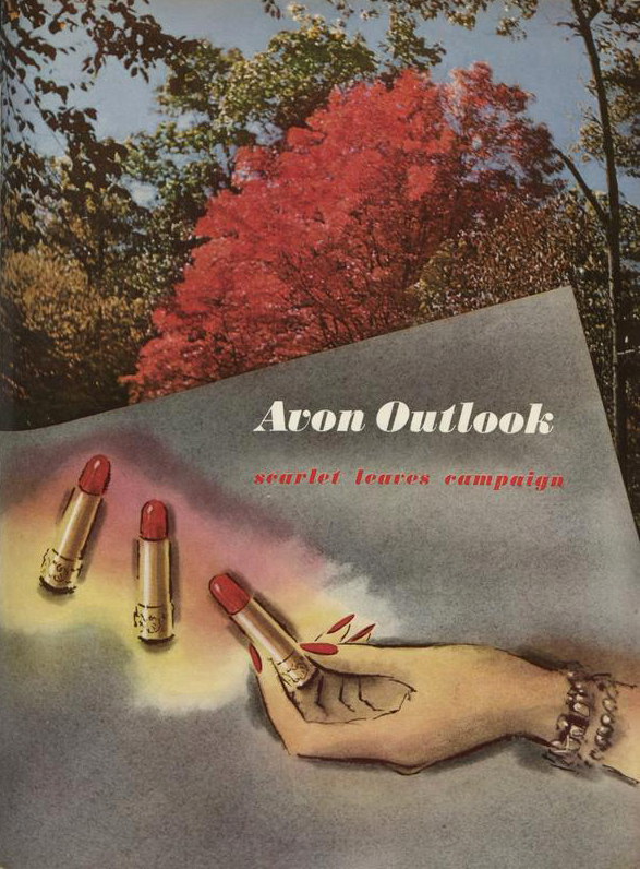 Image of Fall foliage and a woman's hand gesturing to red lipsticks. Color photo and illustration.