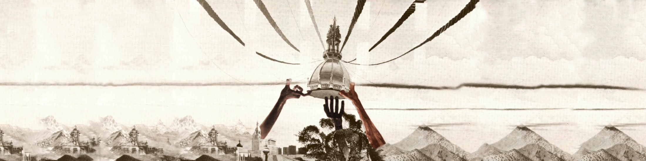 A mural of black hands holding up a dome like the US Capital above a landscape.