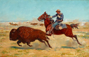 Western painting of a man riding his horse chasing a buffalo
