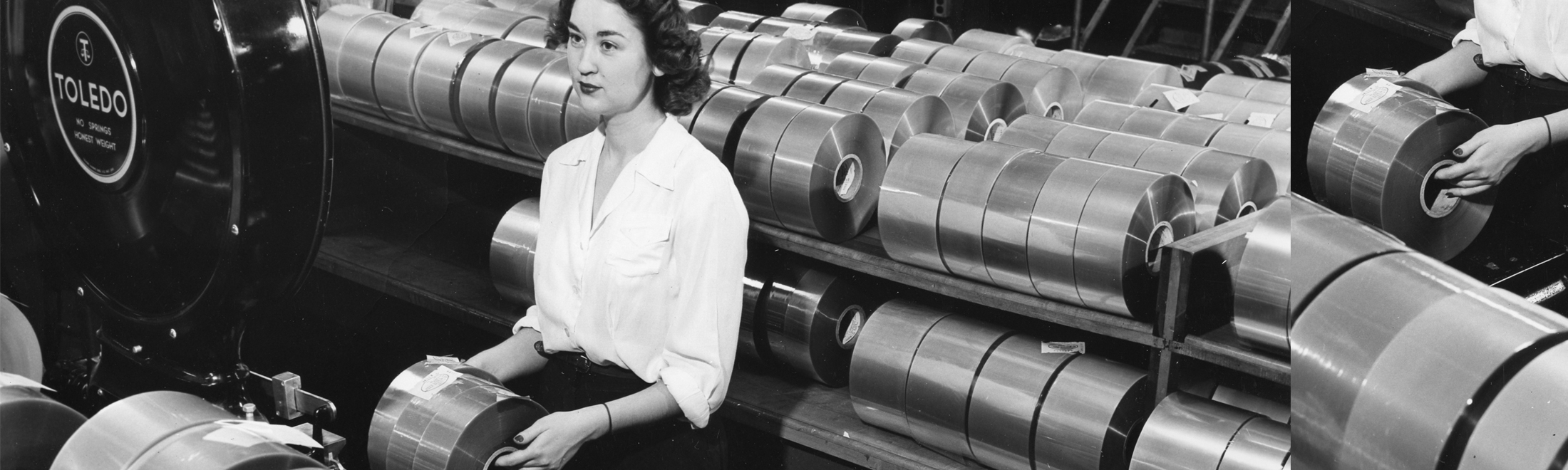 A female worker prepares cellophane rolls for shipment in a factory, 1950.