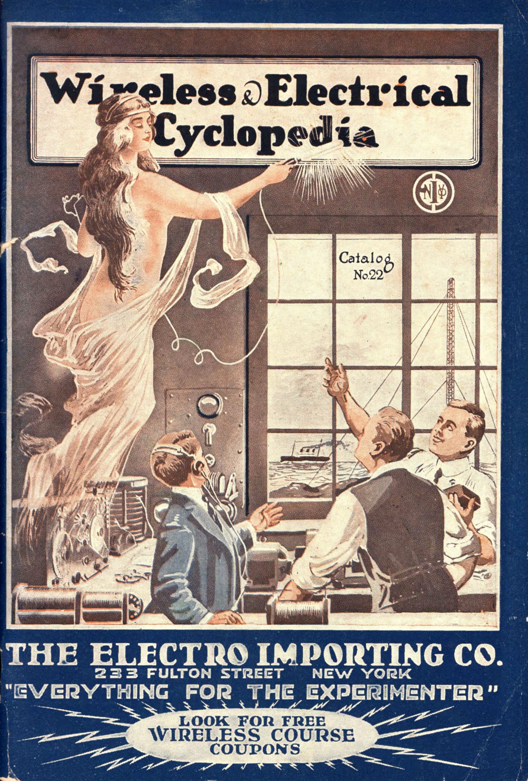 Catalog cover showing men in a laboratory being visited by a female spirit personifying technology.