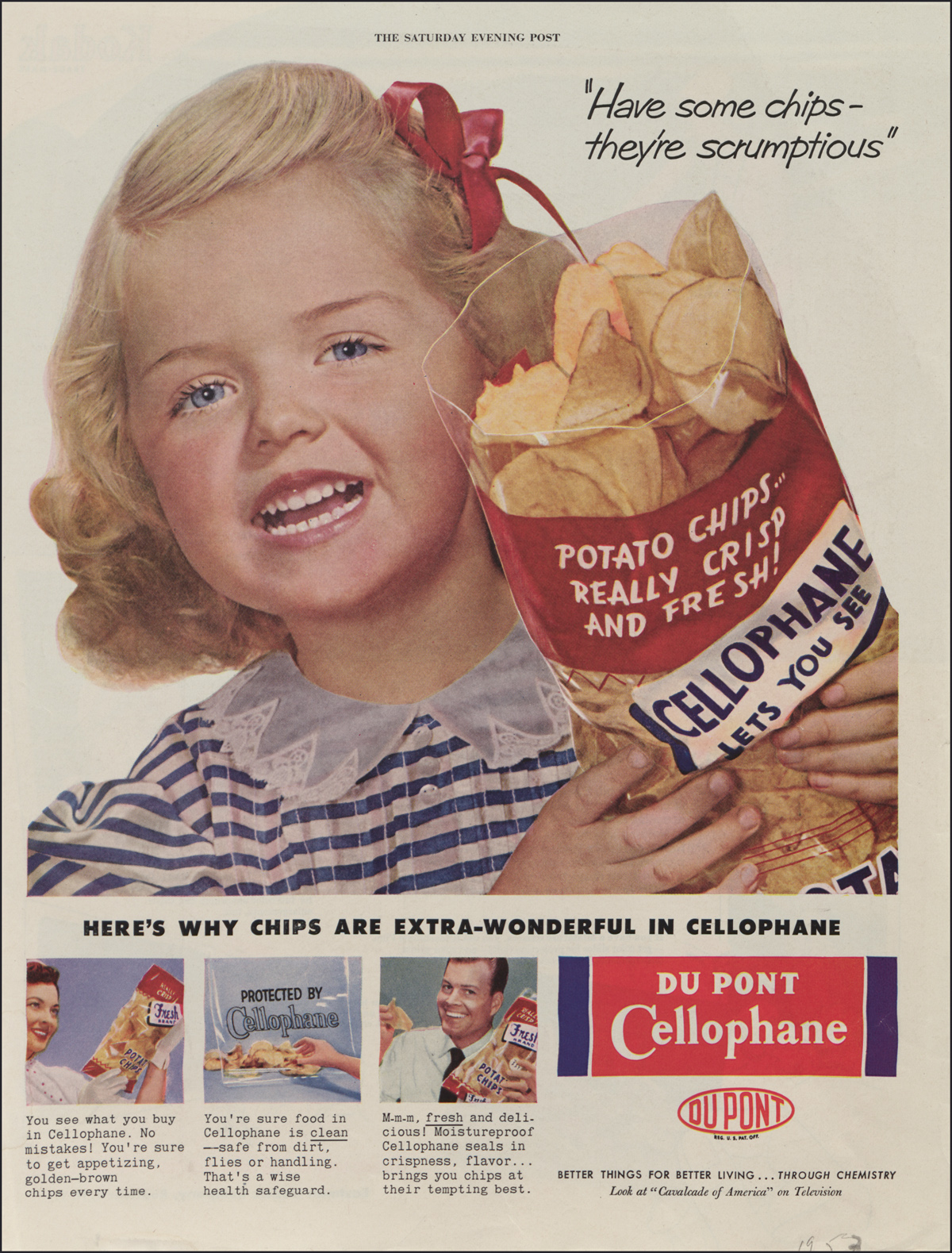 Ad for DuPont cellophane featuring a color illustration of a child holding a bag of potato chips packaged in cellophane.