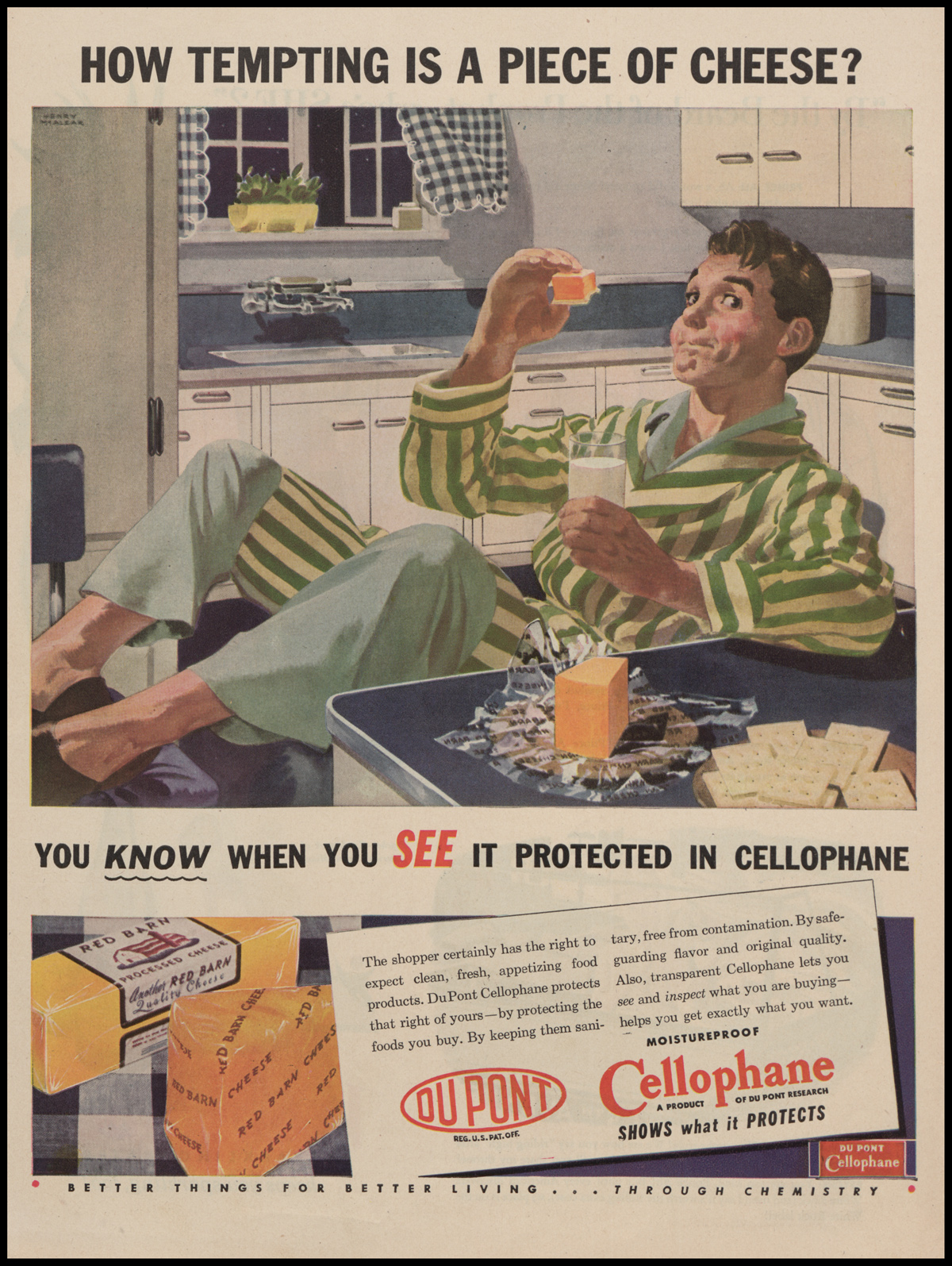 Advertisement for DuPont Cellophane featuring a man eating shrink wrapped cheese.