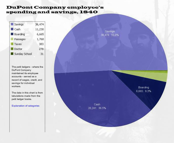 Employee spending chart. 50% savings, 36.5% cash, 9% board, the rest other expenses.