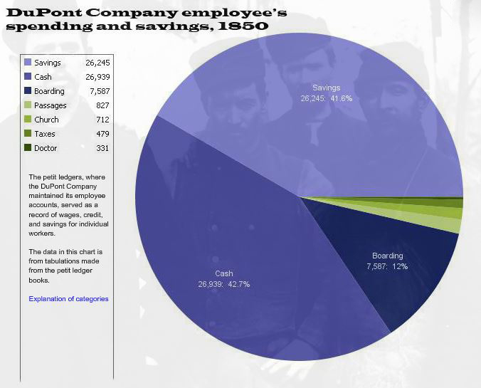 Employee spending chart. 50% savings, 36.5% cash, 9% board, the rest other expenses.