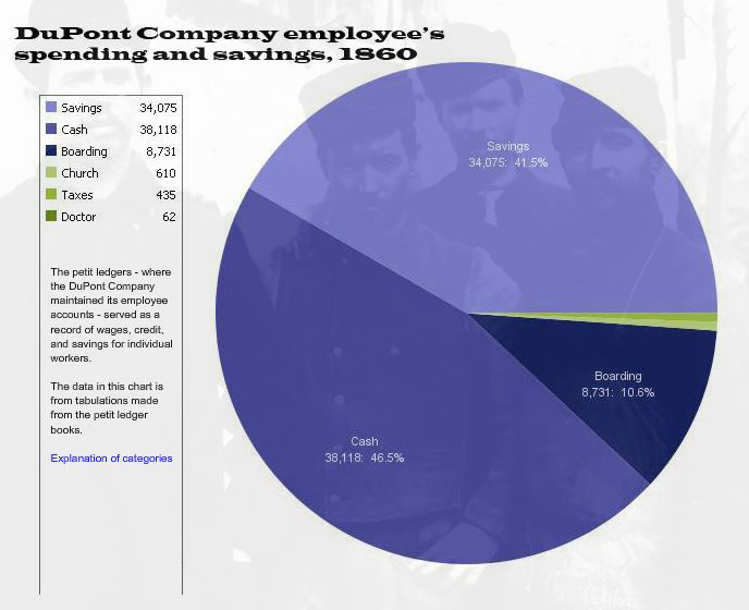 Employee spending chart. 50% savings, 36.5% cash, 9% board, the rest other expenses.